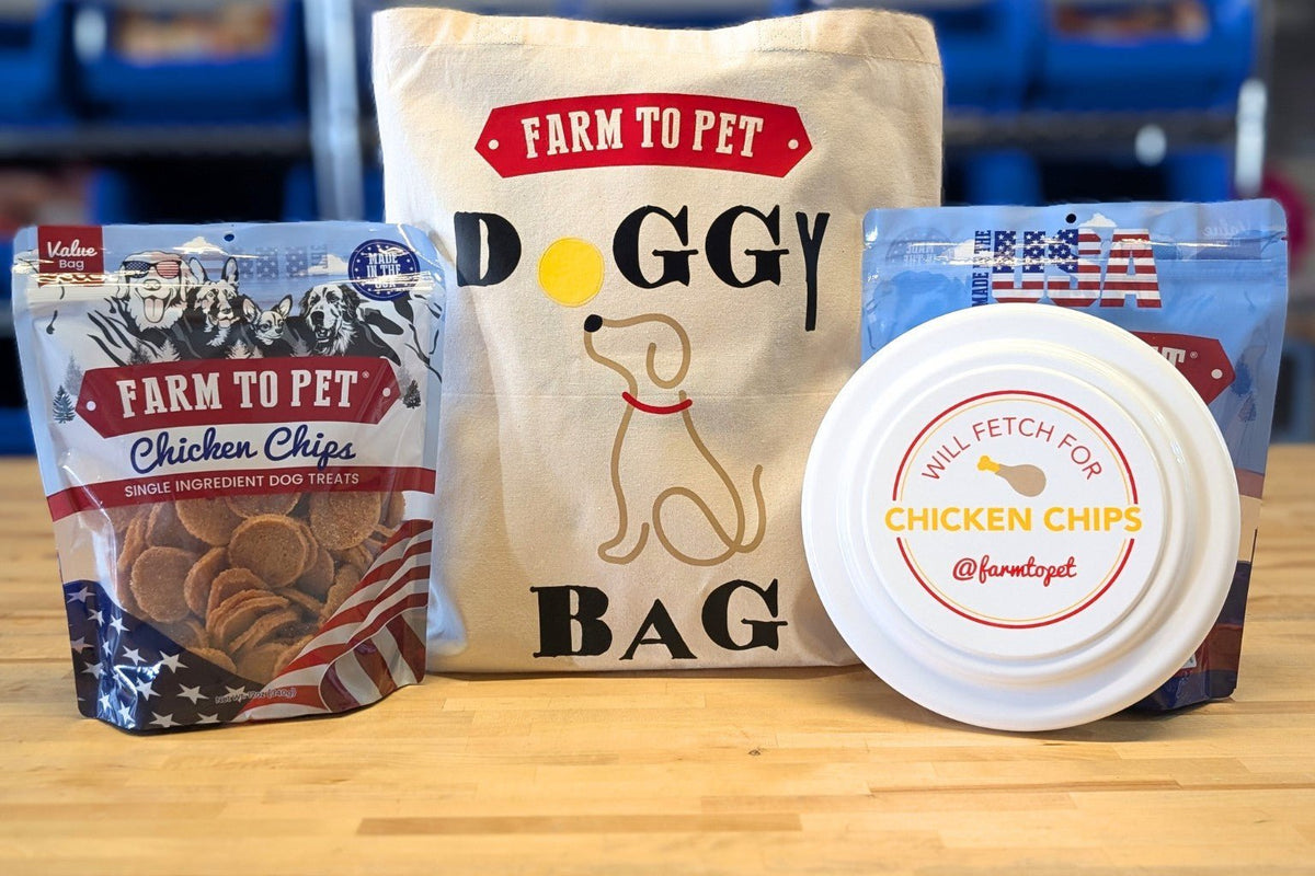 an assortment of Farmto-pettreats products and pet accessories