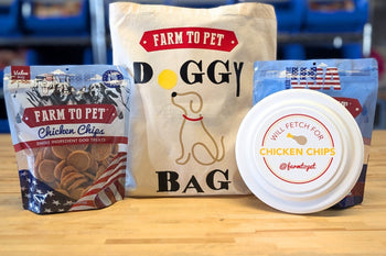 an assortment of Farmto-pettreats products and pet accessories