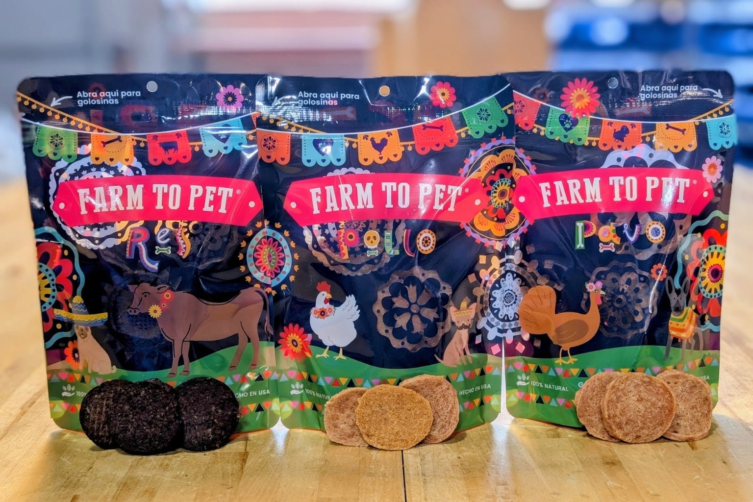 Farmto-pettreats Healthy Dog Treats Fiesta Pack with Chicken Chips, Beef Chips, and Turkey Chips.