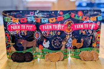 Farmto-pettreats Healthy Dog Treats Fiesta Pack with Chicken Chips, Beef Chips, and Turkey Chips.