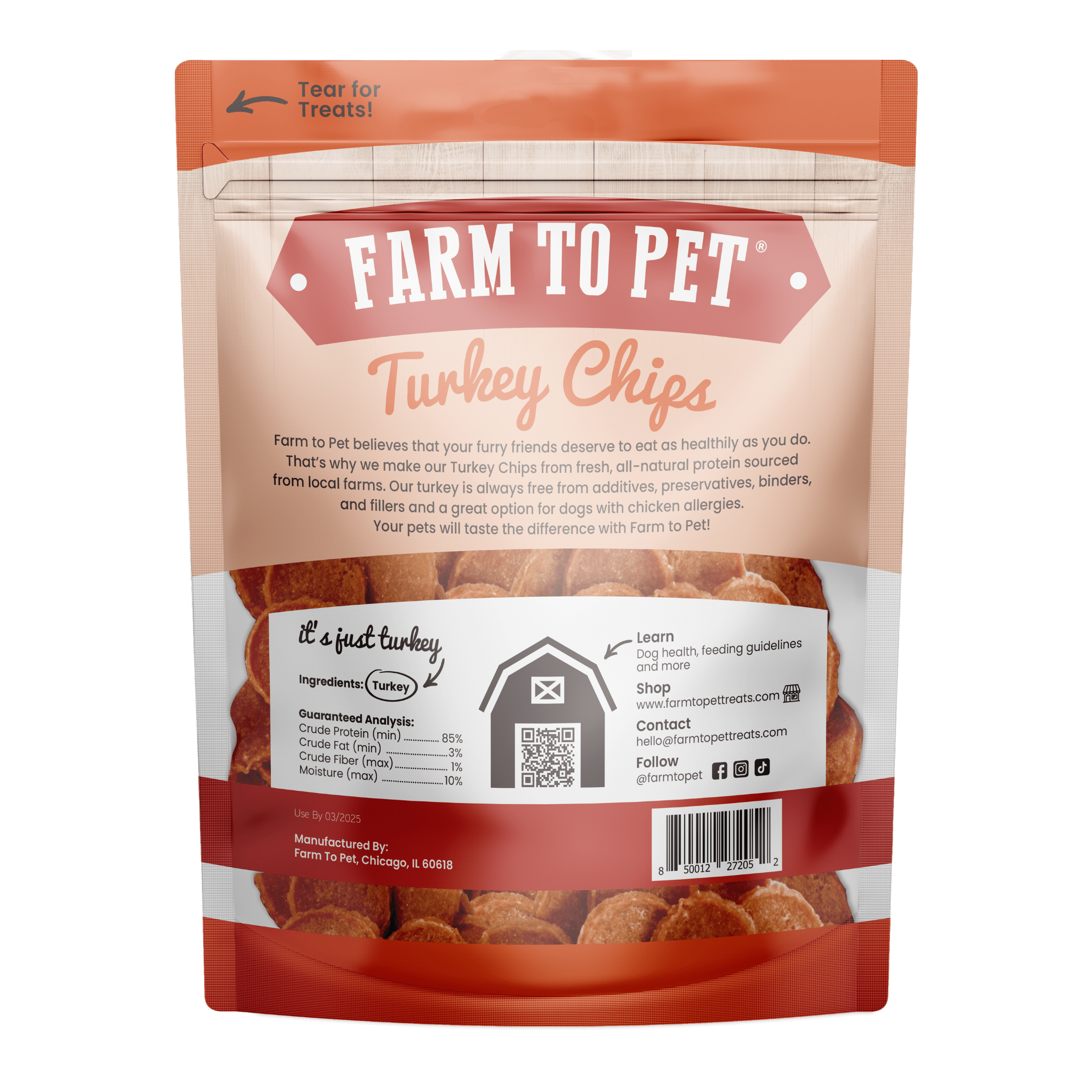 Product picture Farmto-pettreats Turkey Chips Value 12 oz. bag on a white background.