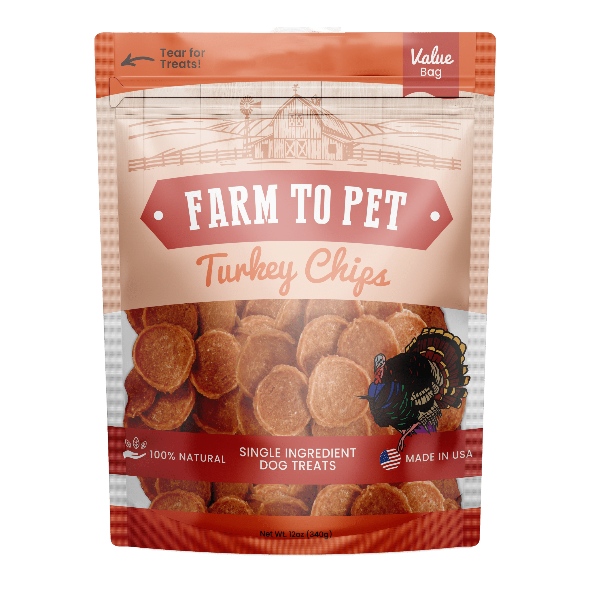 Product Picture of the Front of a Farmto-pettreats Turkey Chips 12 oz. bag on a white background.