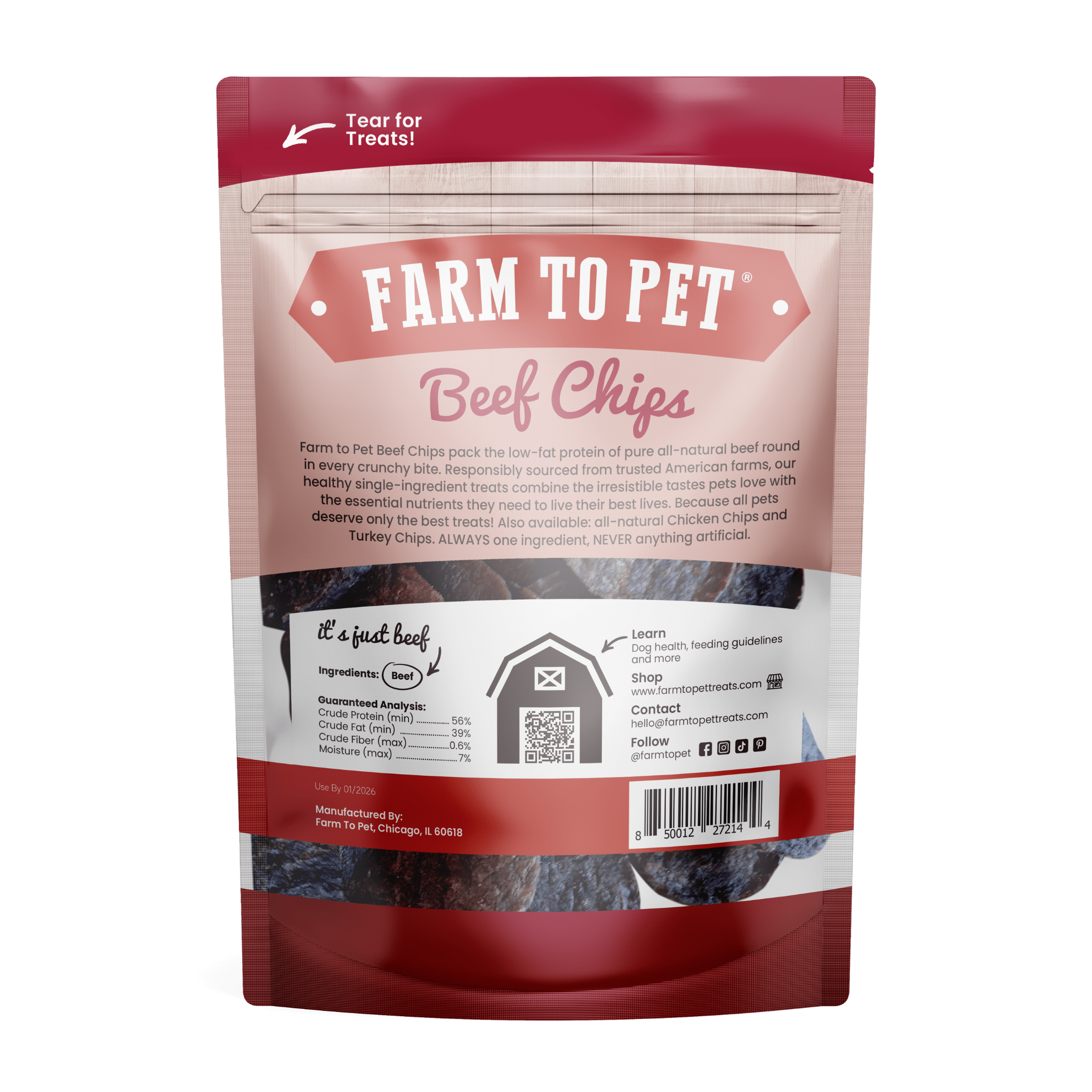 Back of Bag of Farmto-pettreats Beef Chips made with real beef only.
