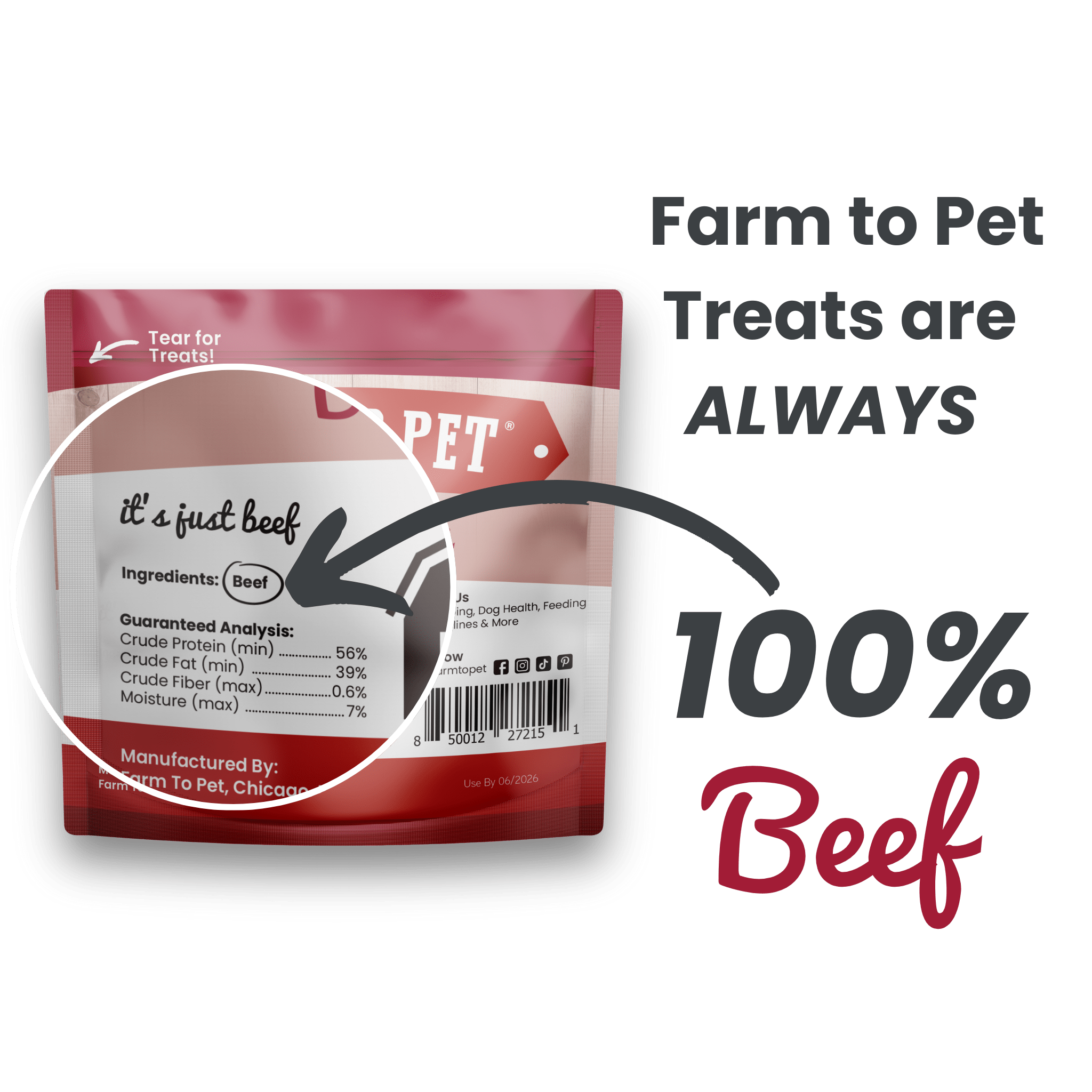Back of bag Farmto-pettreats Beef Chips.  Beef as the single ingredient.
