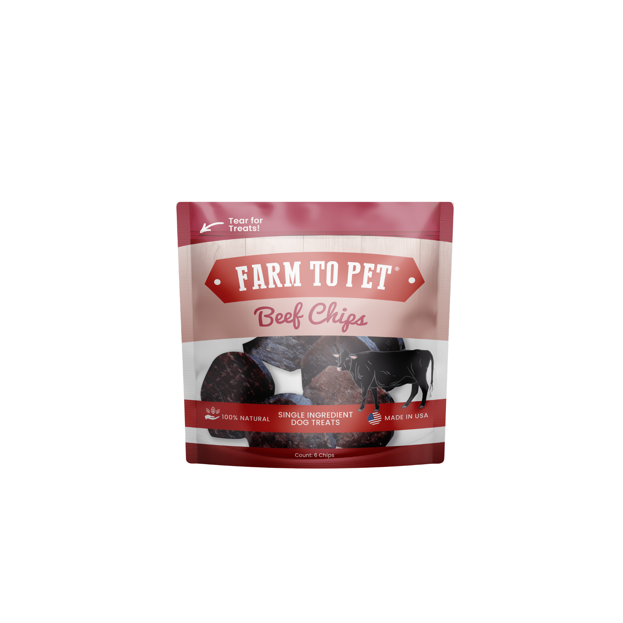 Front of Bag Farmto-pettreats  Beef Chips Snack Pack with black cow on bag.
