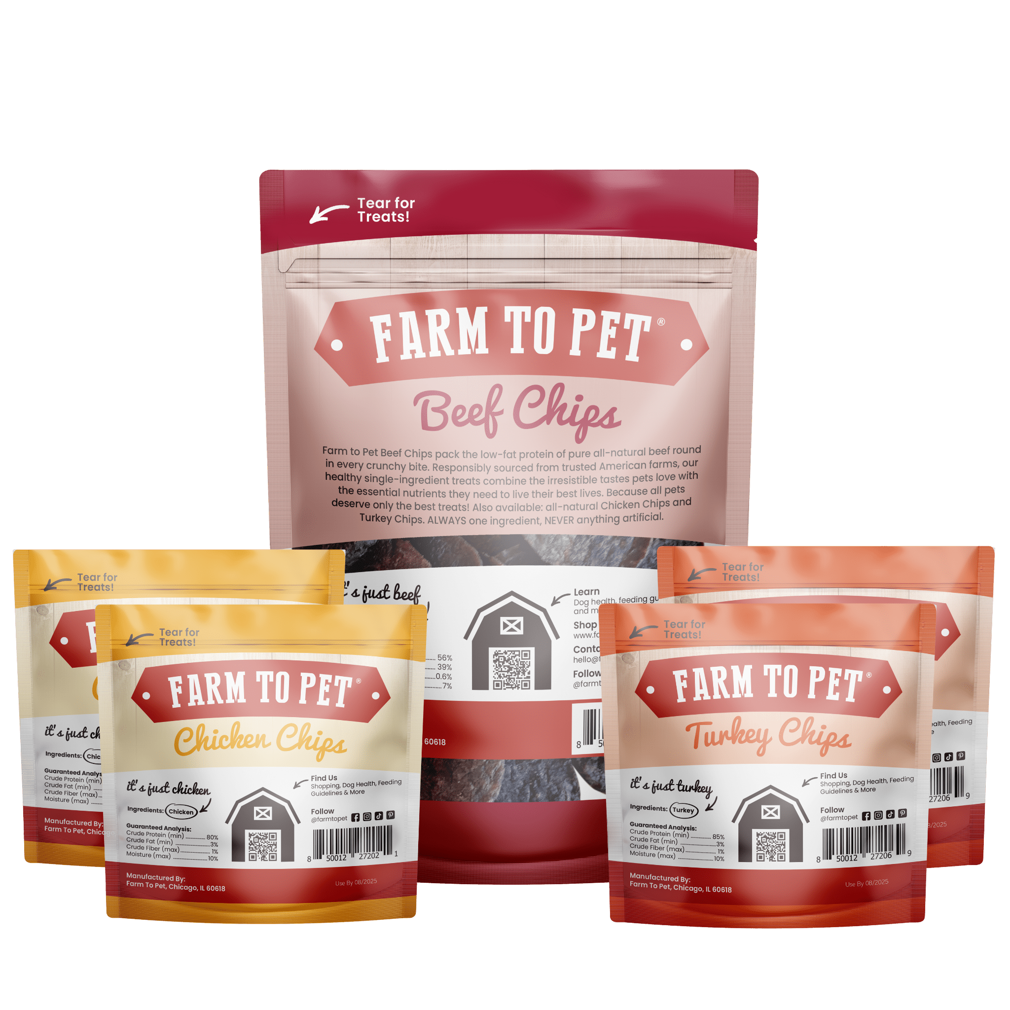 Product picture the back of bags Farmto-pettreats 4oz. Beef and  2 Turkey and 2 Chicken Treat Puppy Pack on a white background.