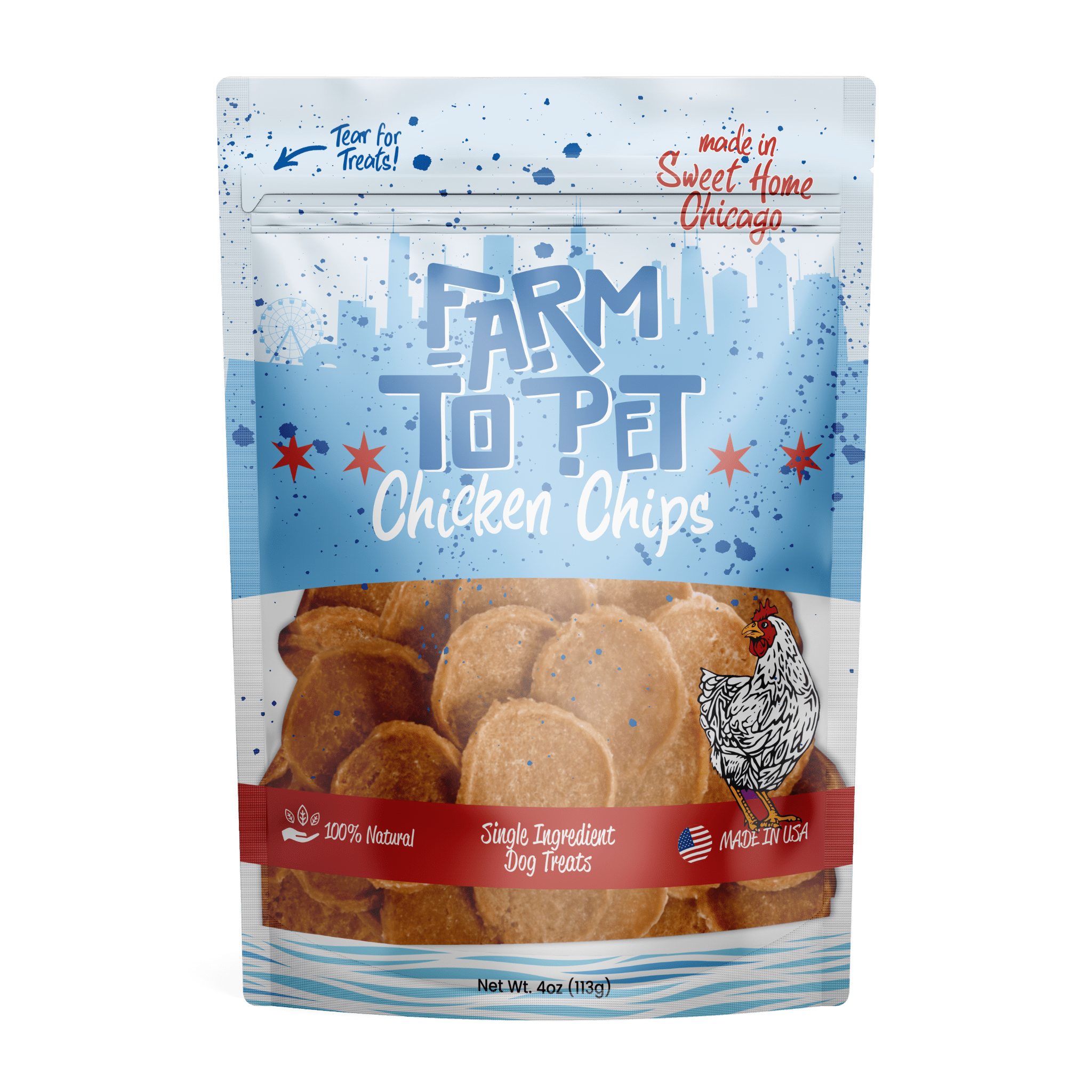 Farmto-pettreats Chicago Chicken Chips with a red white and blue bag with the skyline of Chicago.  Made in Sweet Home Chicago.  