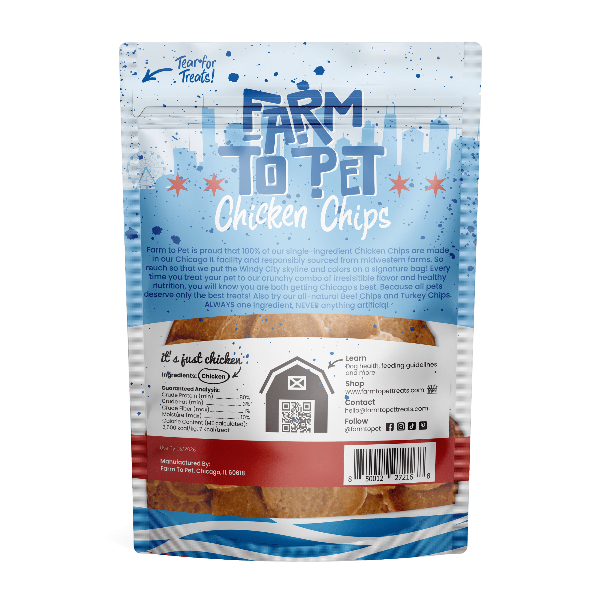 Farmto-pettreats Chicago Chicken Chips back of bag with the skyline of Chicago in blue.  One single ingredient Chicken.  