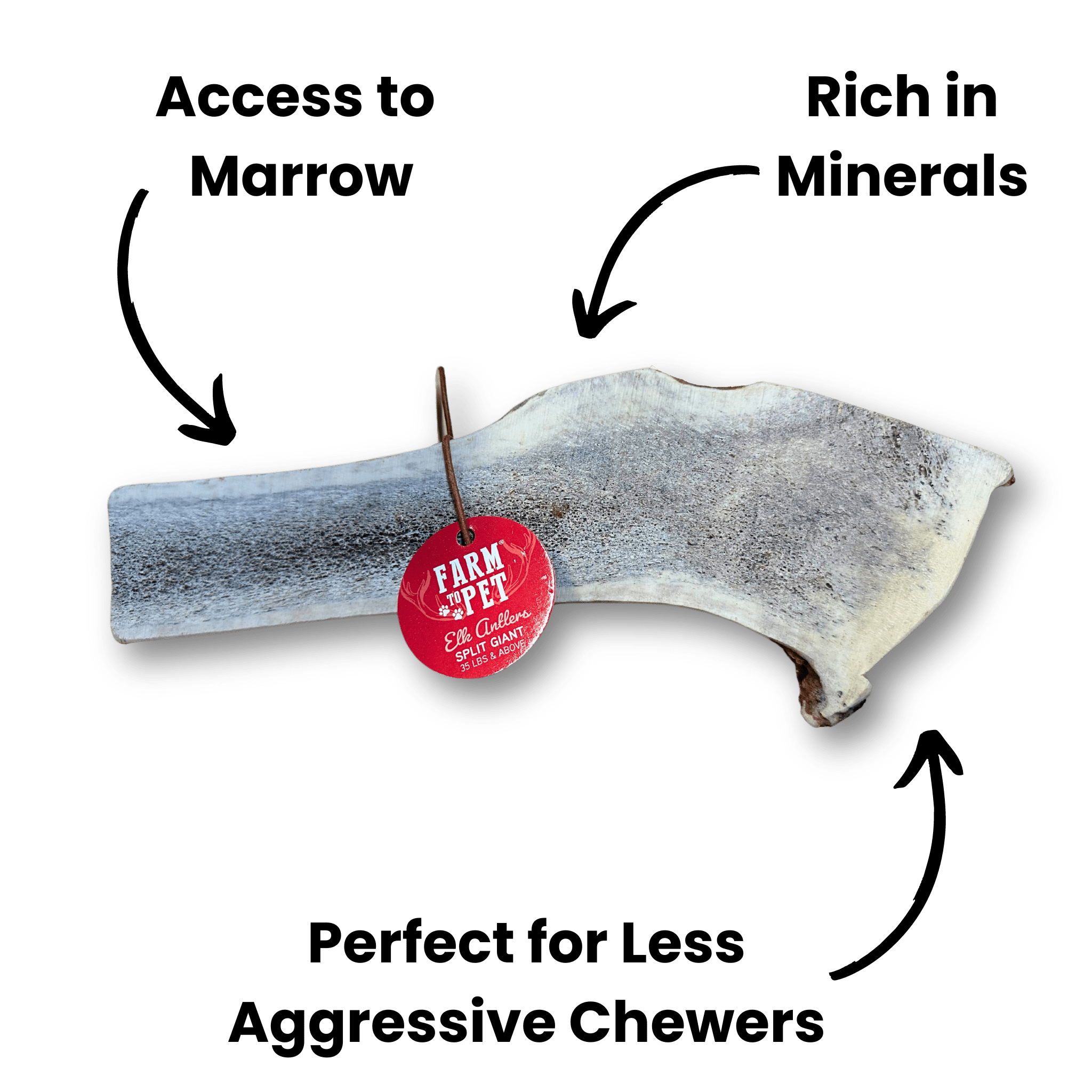 Infographic of a Farmto-pettreats Giant Elk Antler on a white background. 