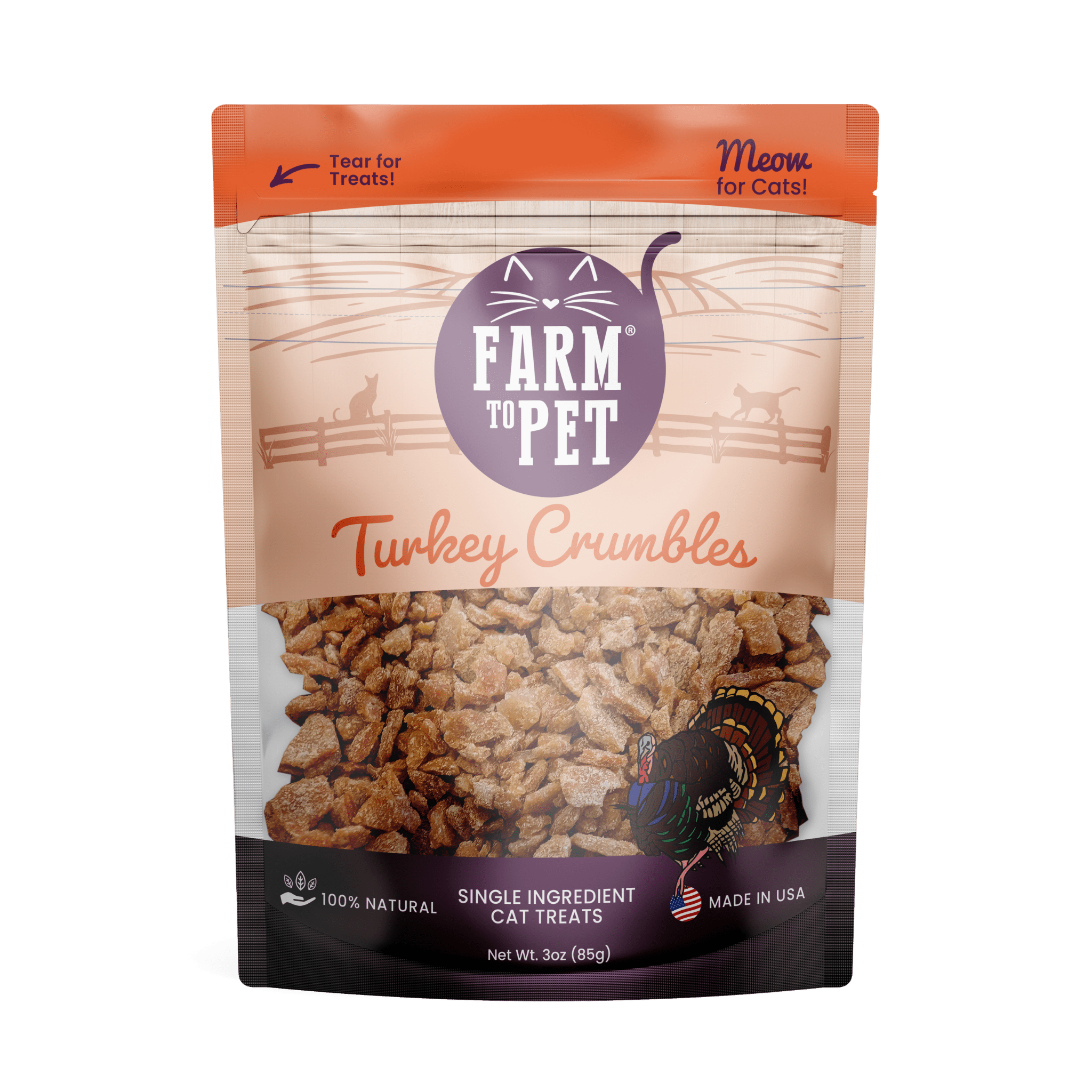 Product Picture front of bag Farmto-pettreats Turkey Crumbles for cats on a white background.