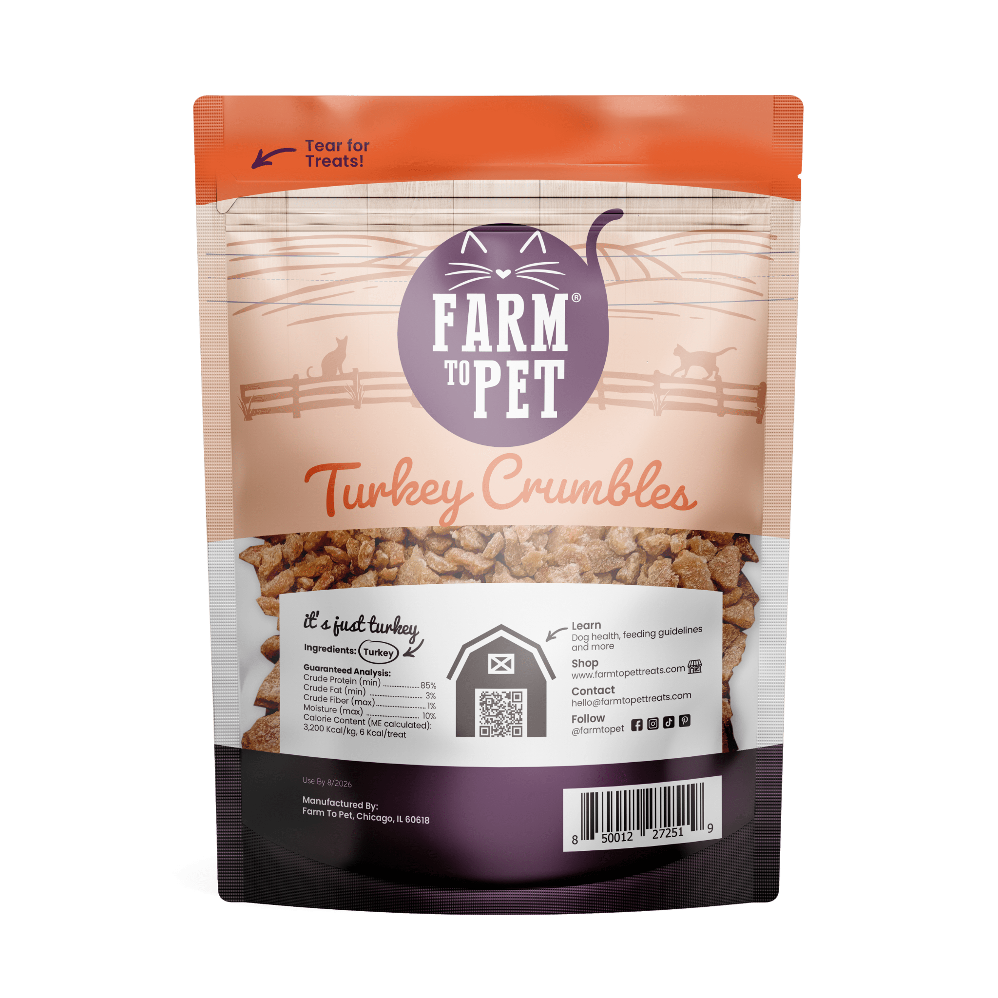 Product picture back of the bag Farmto-pettreats Turkey Crumbles for cats  on a white background.