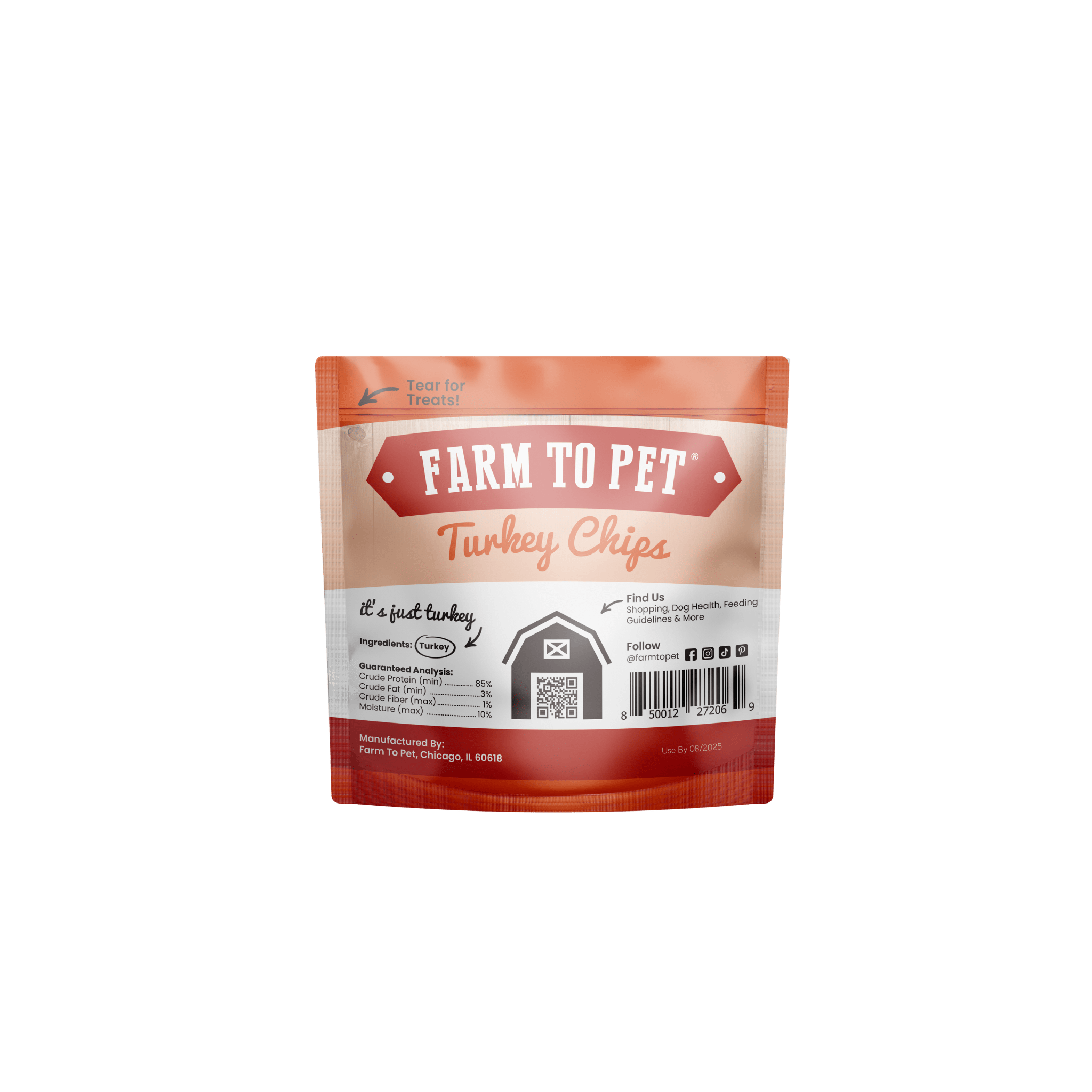 Product picture of back of a bag  Farmto-pettreats Turkey Chips Snack Pack n a white back ground