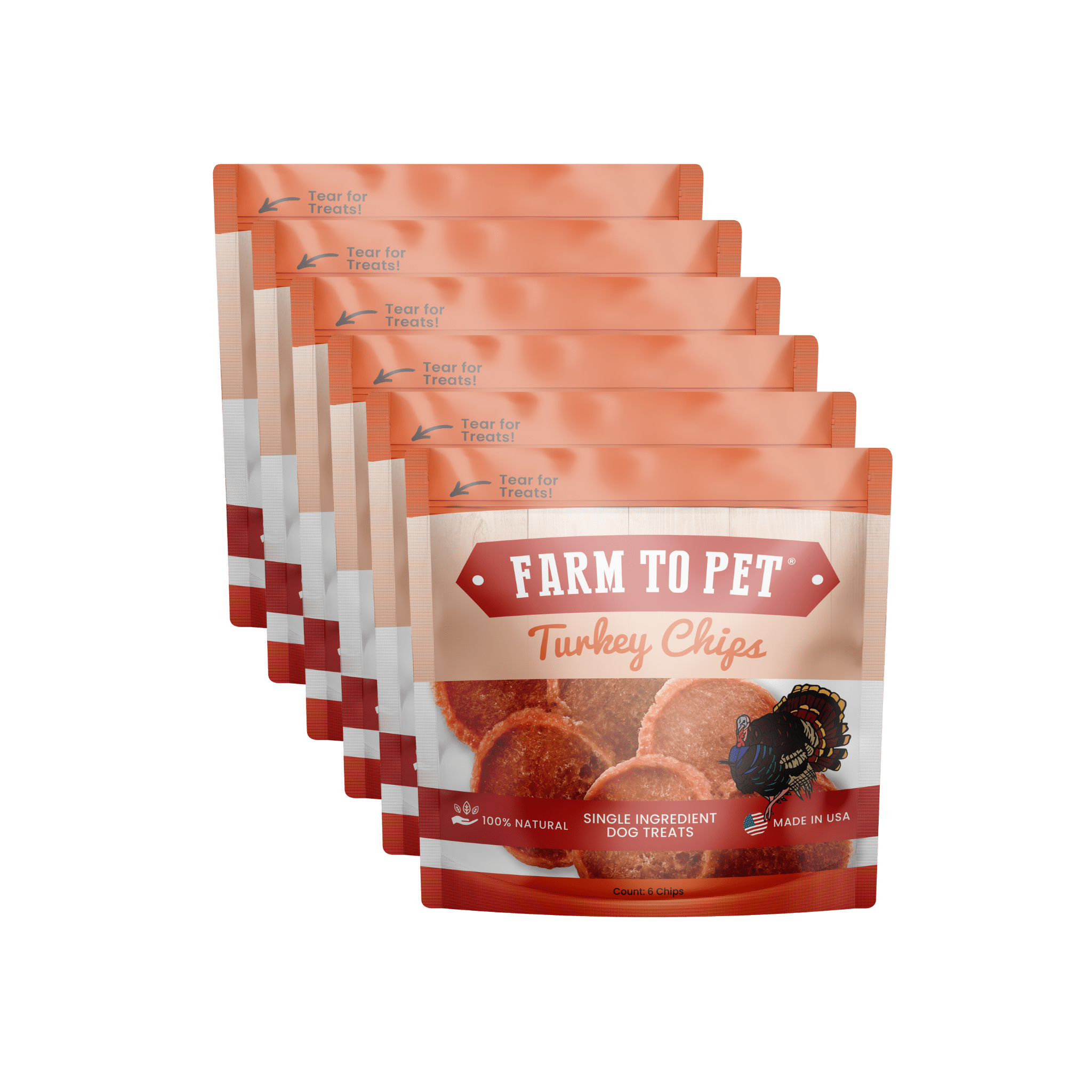 Infographic Farmto-pettreats Turkey Chips 6 Snack Pack on a white back ground.