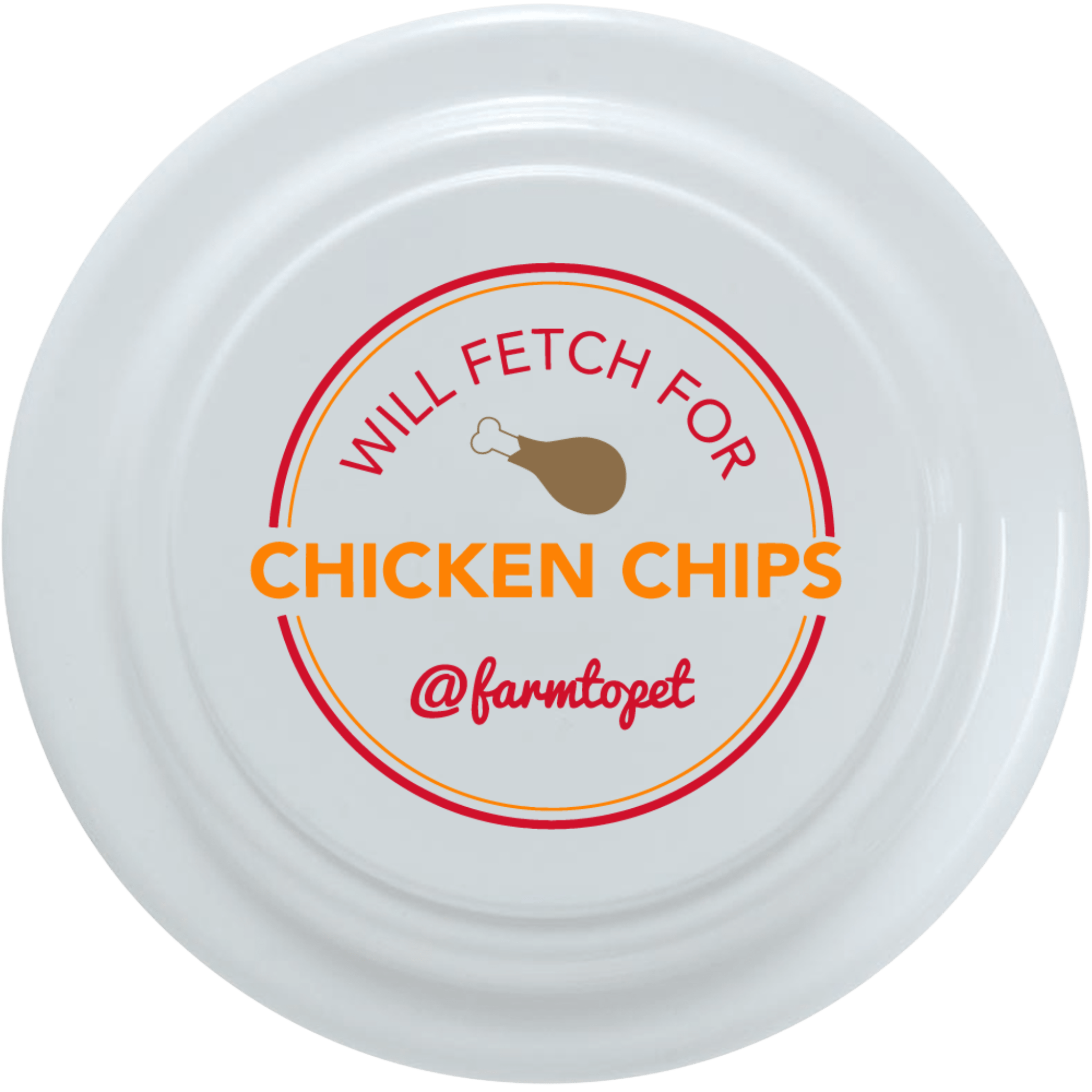 Product picture of a Farmto-pettreats Will Fetch for Chicken Chips Frisbee on a white back ground.