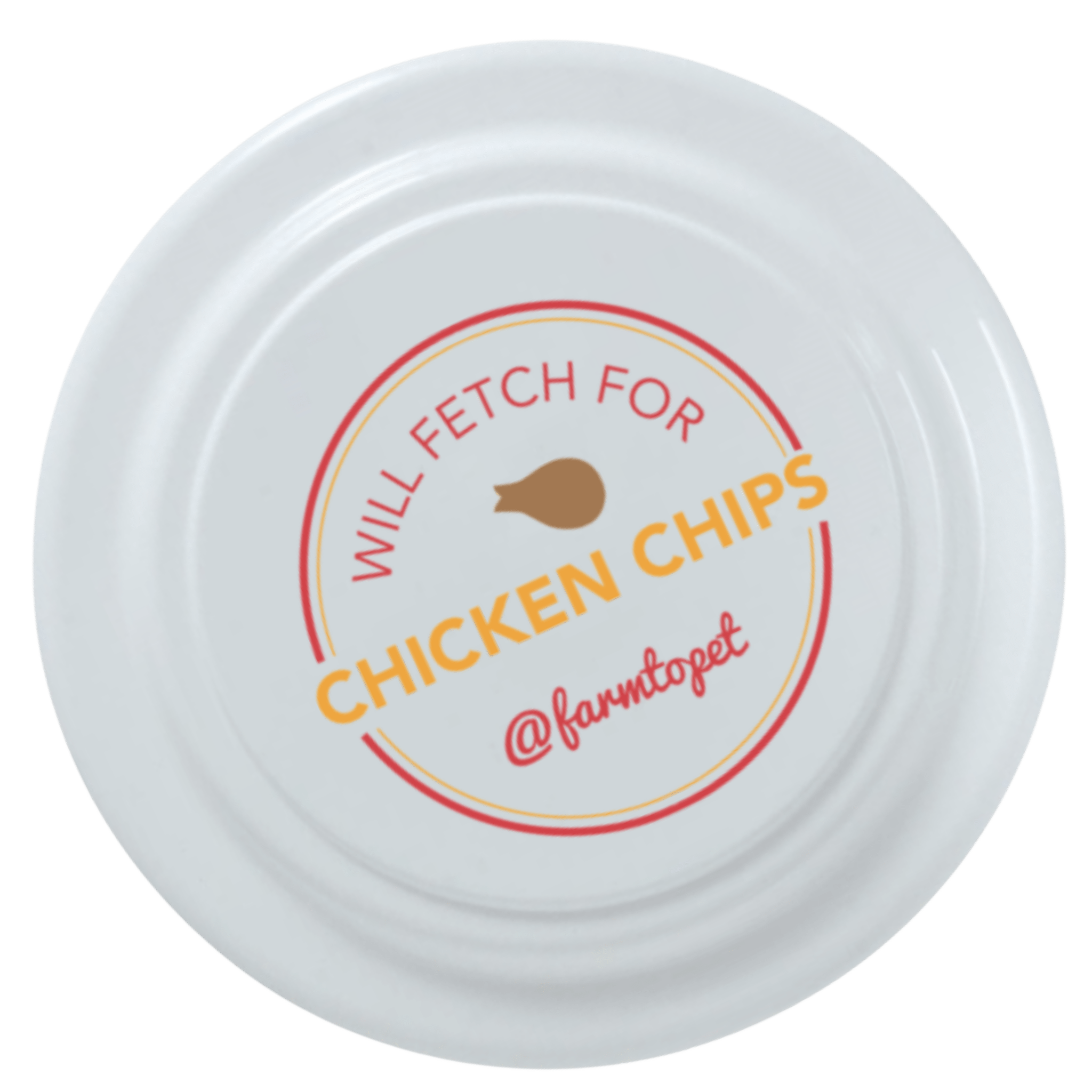 Product picture of a white Farmto-pettreats Will Fetch for Chicken Chips Frisbee on a white backgorund.