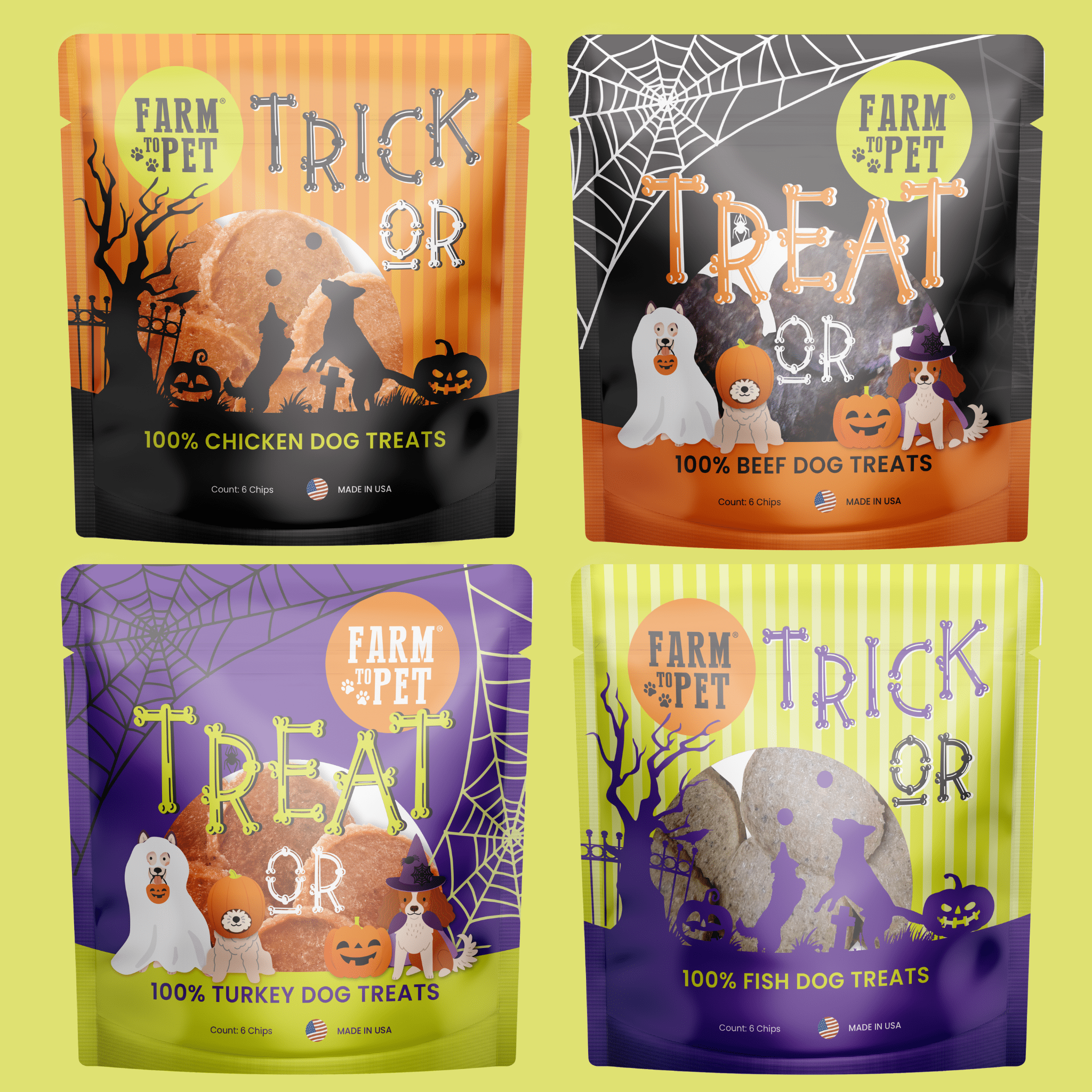 Four packages of Farmto-pettreats Halloween Snack Pack 24-piece bundle dog treats with Halloween-themed designs on a yellow background. front of bags 
