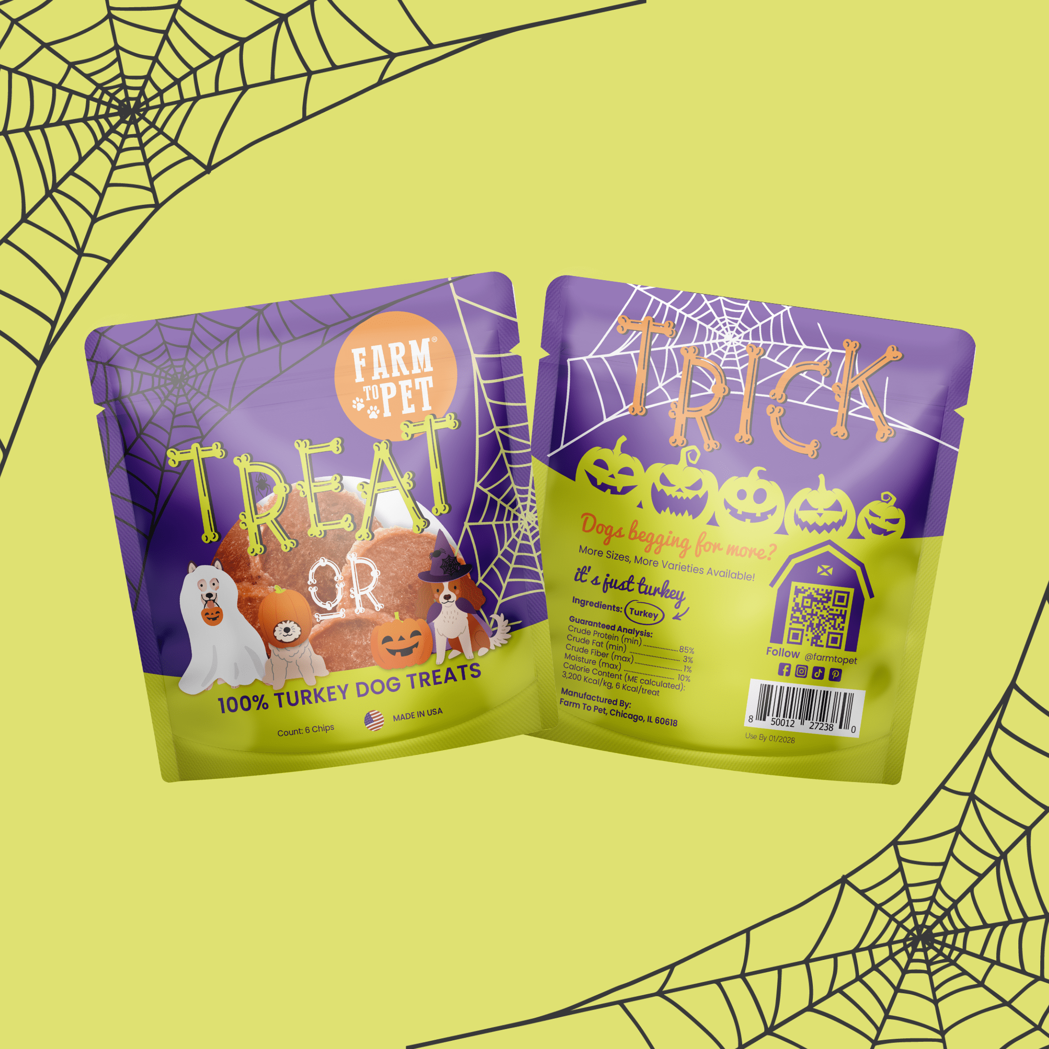 Two Halloween themed Farmto-pettreats Turkey  snack pack dog treats on a yellow background with spider webs. front and back bags 
