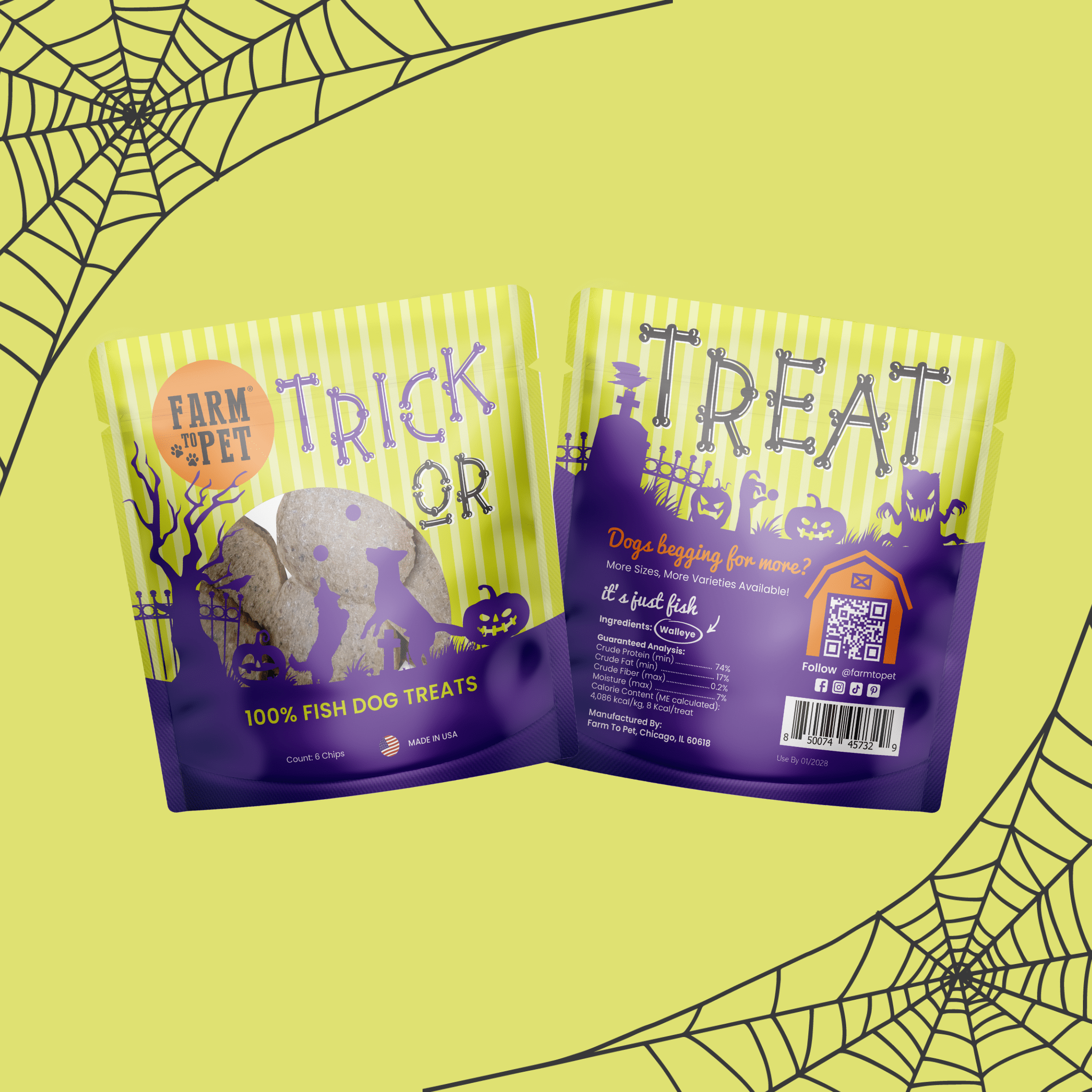 Two Halloween-themed Farmto-pettreats  Fish snack pack dog treat packages on a yellow background with spider webs. front and back of bags