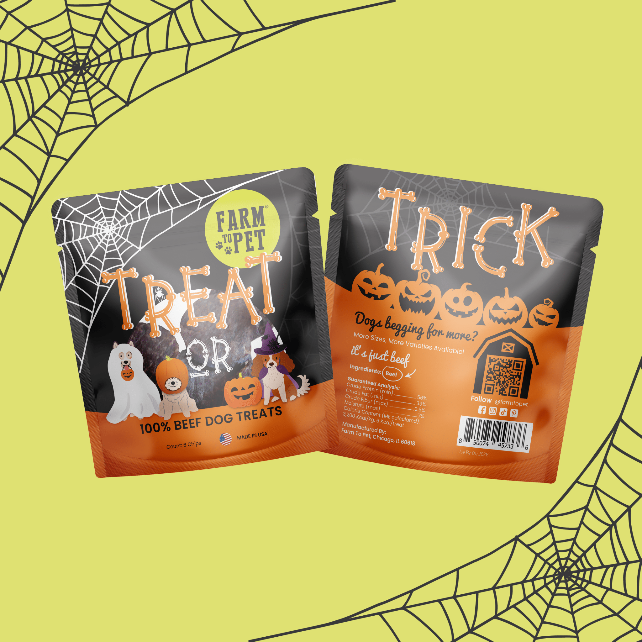 Two Halloween-themed Farmto-pettreats  Beef dog treat snack pack packages on a yellow background with spider webs. front and back of bag

