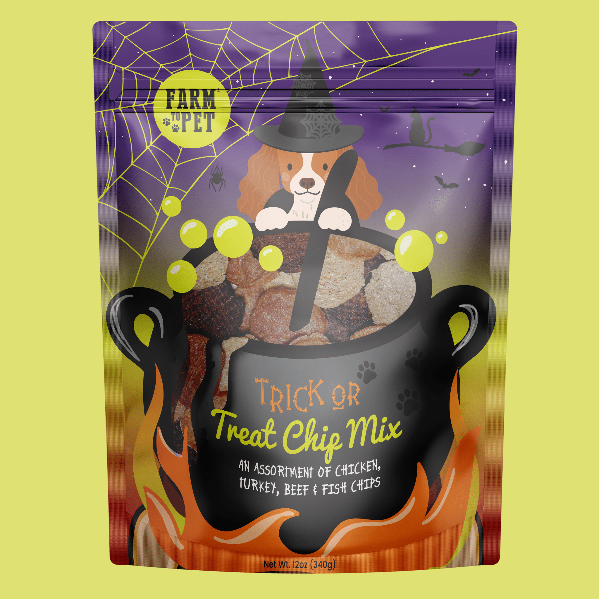  A Halloween-themed dog treat package 12oz package of Farmto-pettreats Trick or Treat Chip Mix with Chicken, Turkey, Beef and Fish in a Halloween-themed design bags on a green background. the front of  Witch's Brew Bag with a purple background and a dog in a witch hat.