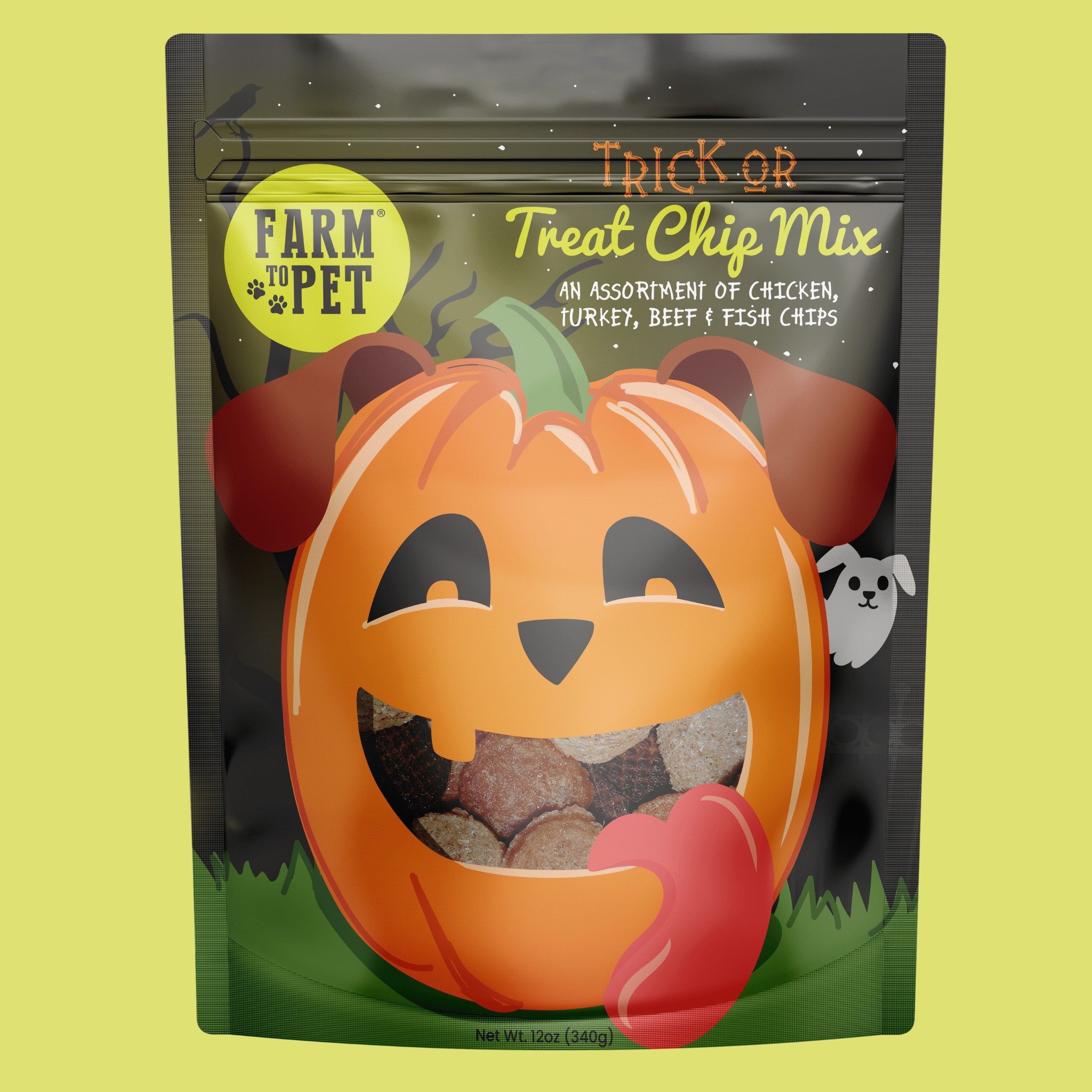 A 12oz package of Farmto-pettreats Trick or Treat Chip Mix with Chicken, Turkey, Beef and Fish in a Halloween-themed design bags on a green background. The front of bag Jack-O-Lantern Halloween-themed pet treat package with a pumpkin design on a yellow background