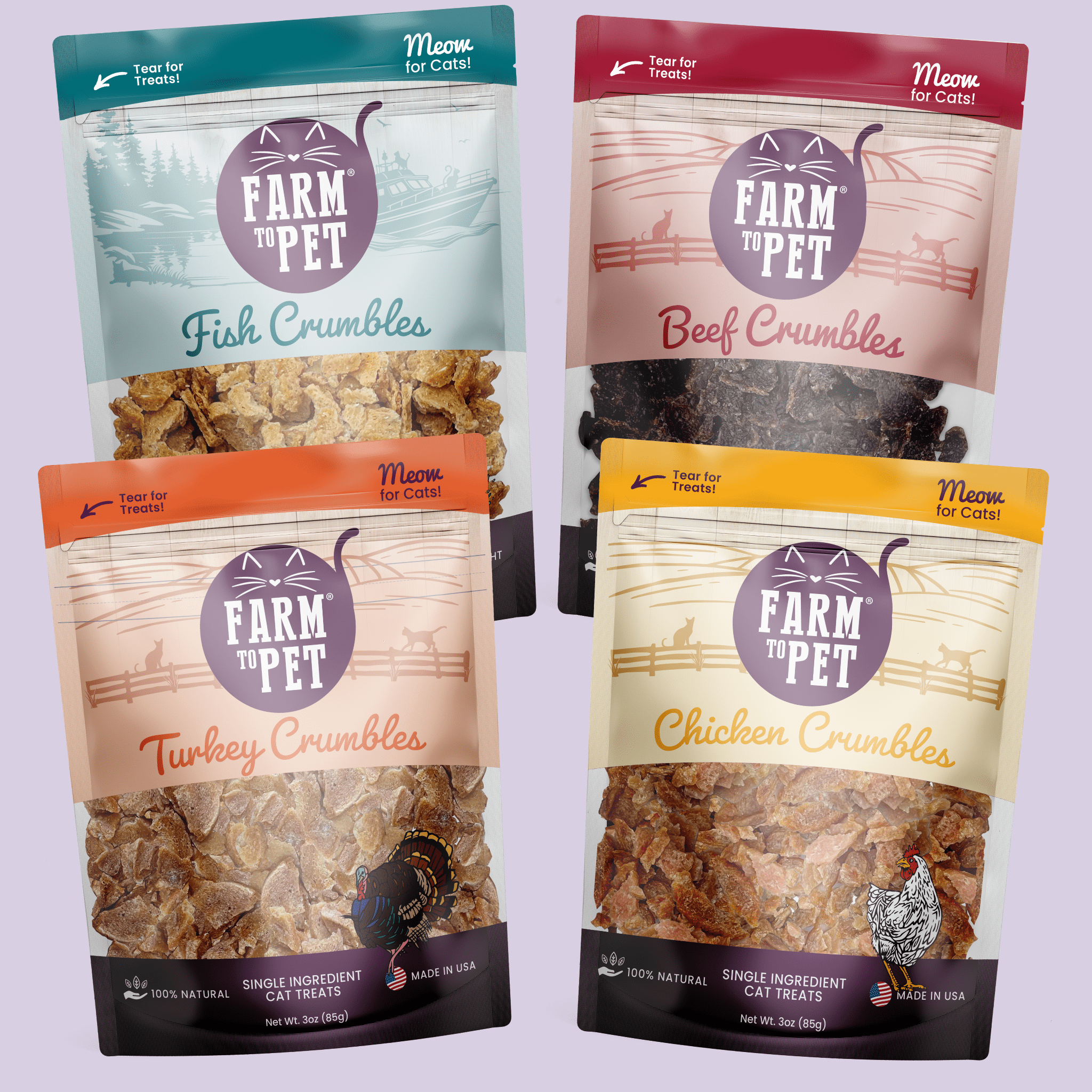 Four packages of Farmto-pettreats cat food crumbles on a light purple background.
