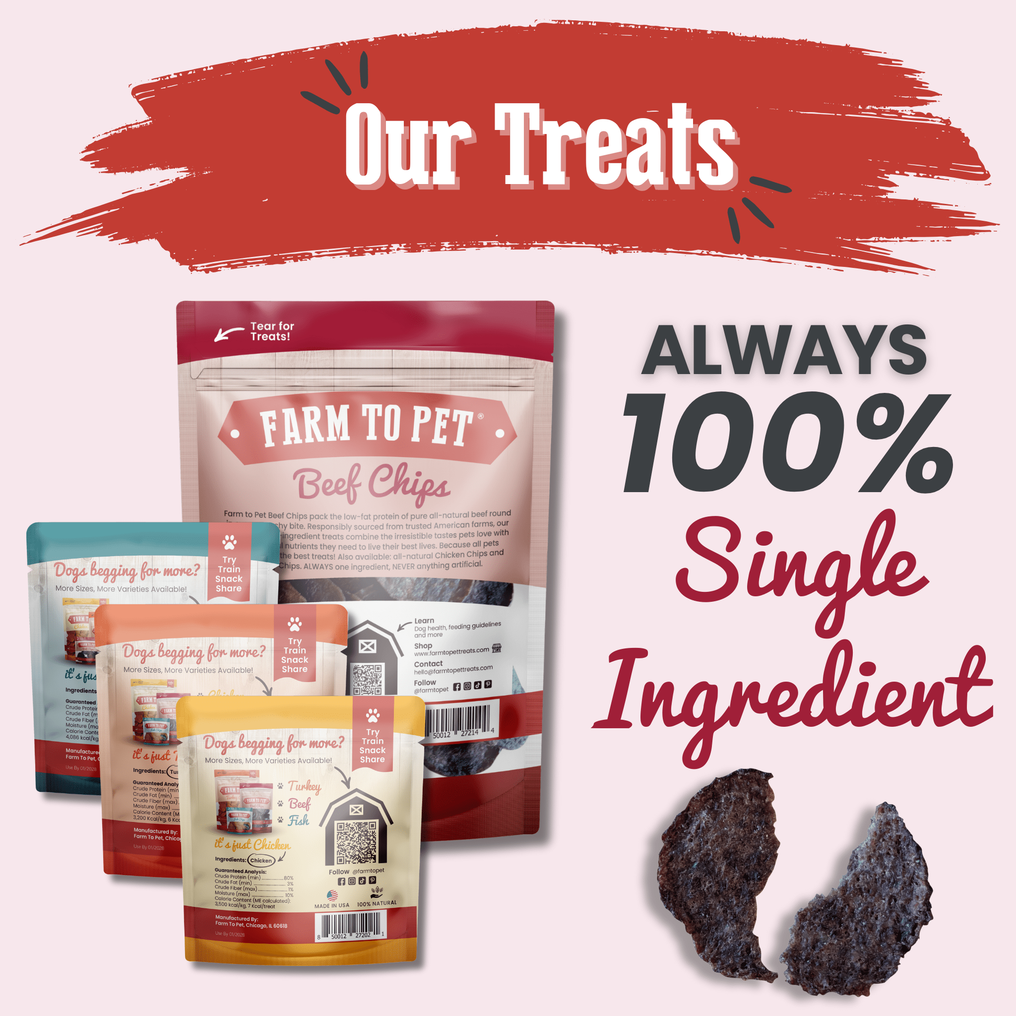 Packaging of Farmto-pettreats chips with text 'Always 100% Single Ingredient' on a white background.