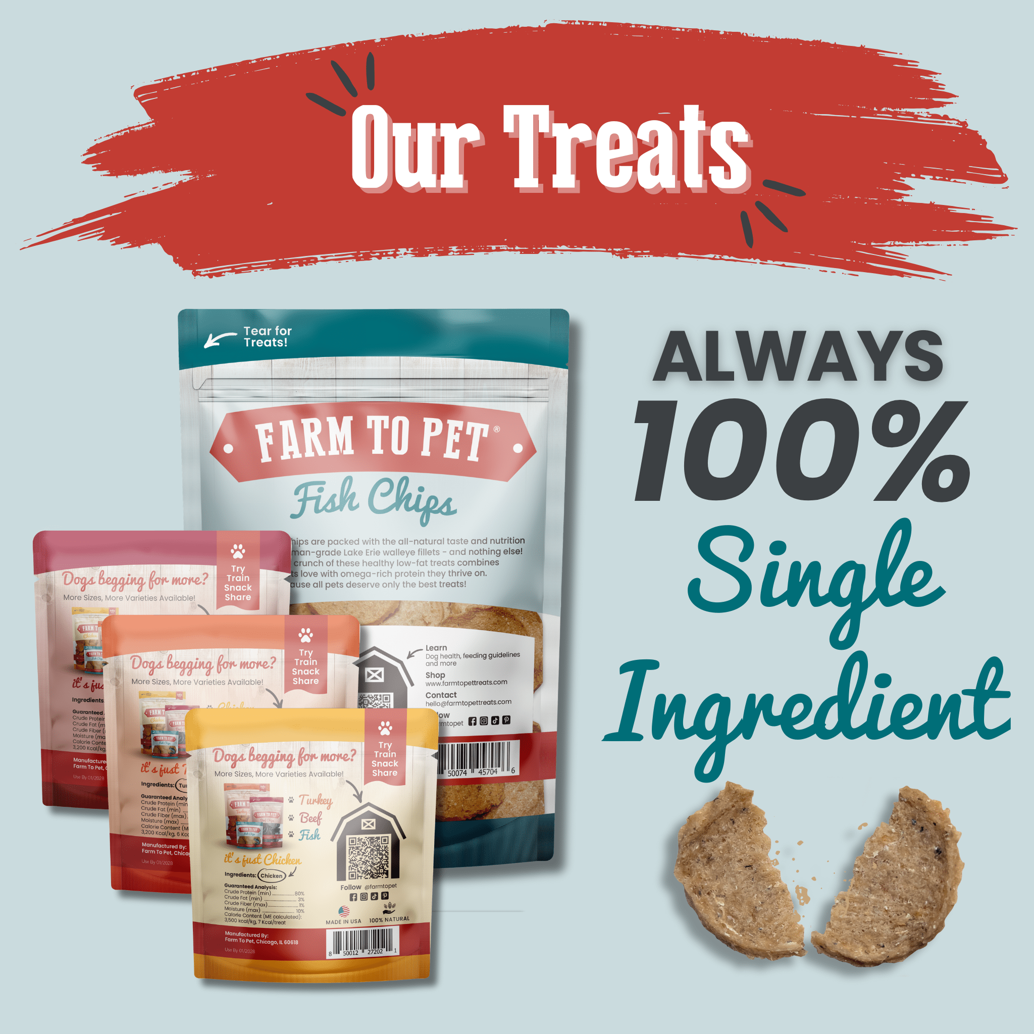 Farmto-pettreats fish chips packaging with text 'Our Treats Always 100% Single Ingredient' on a light blue. background.