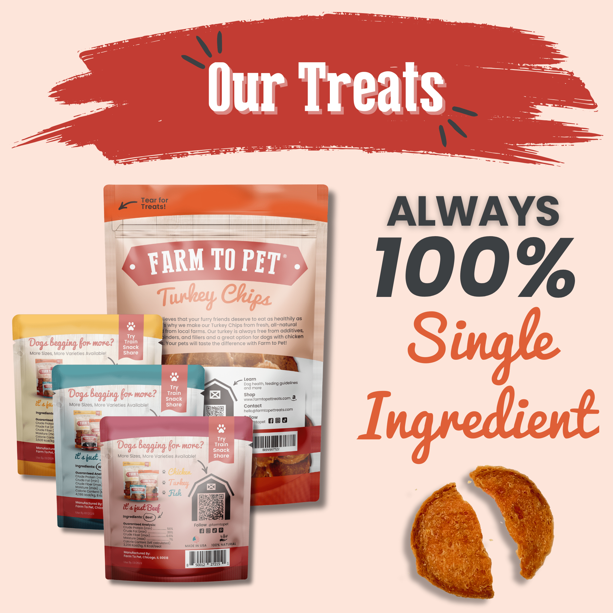 Farmto-pettreats treat packages with a red banner and text about 100% single-ingredient treats on a light pink background.