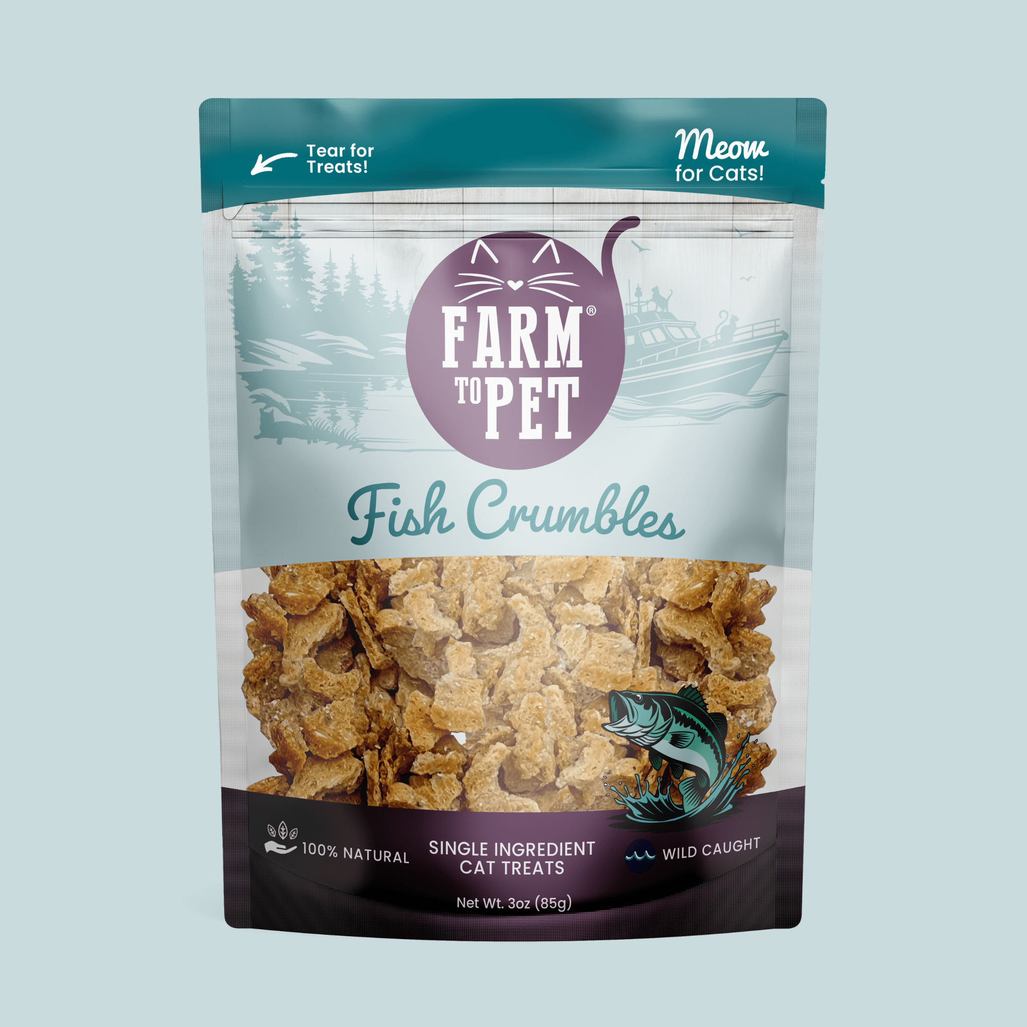 Package of Farmto-pettreats Fish Crumbles cat treats on a light blue background.