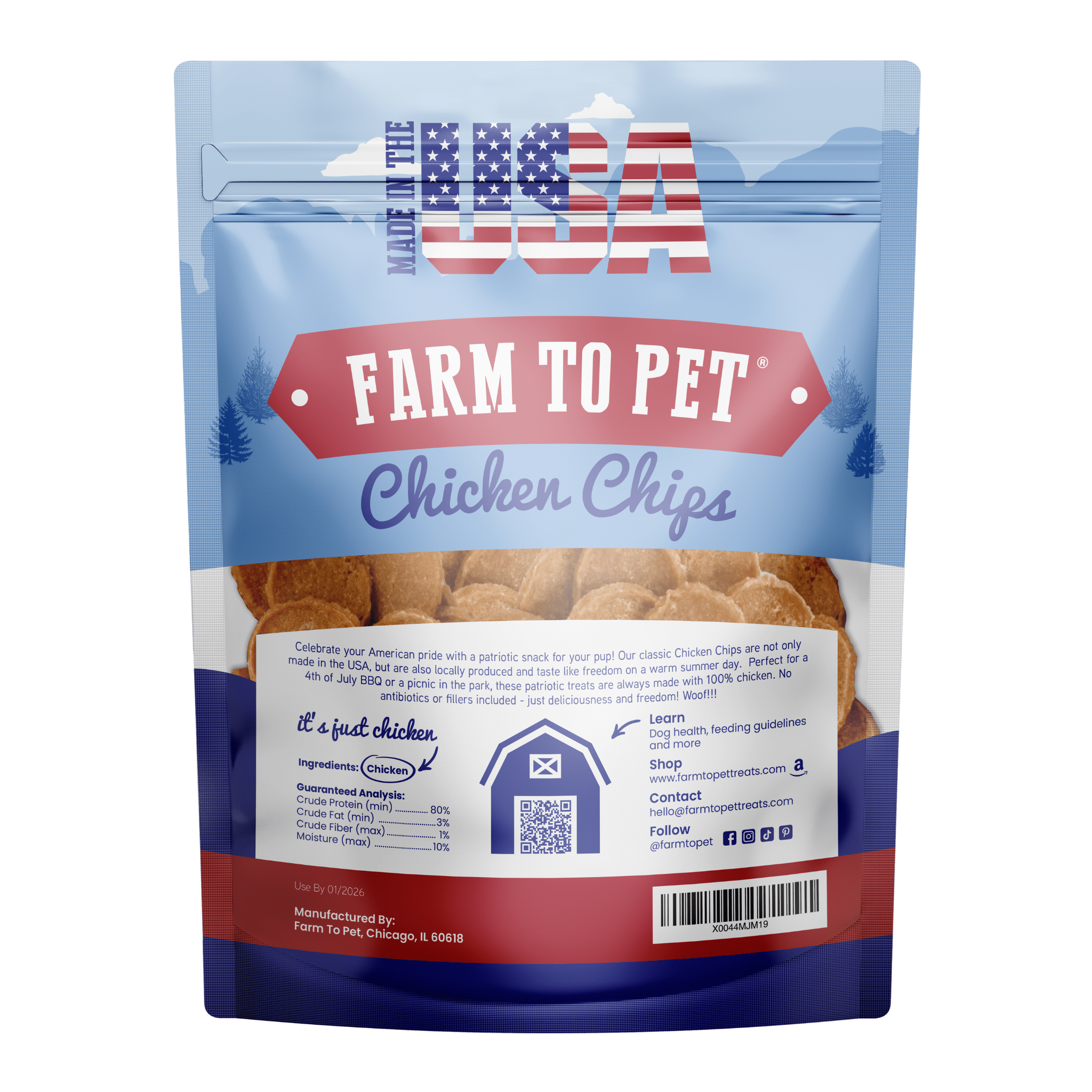Back of  bag Farmto-pettreats Americana Chicken Chips for Dogs red white and blue made in the USA.