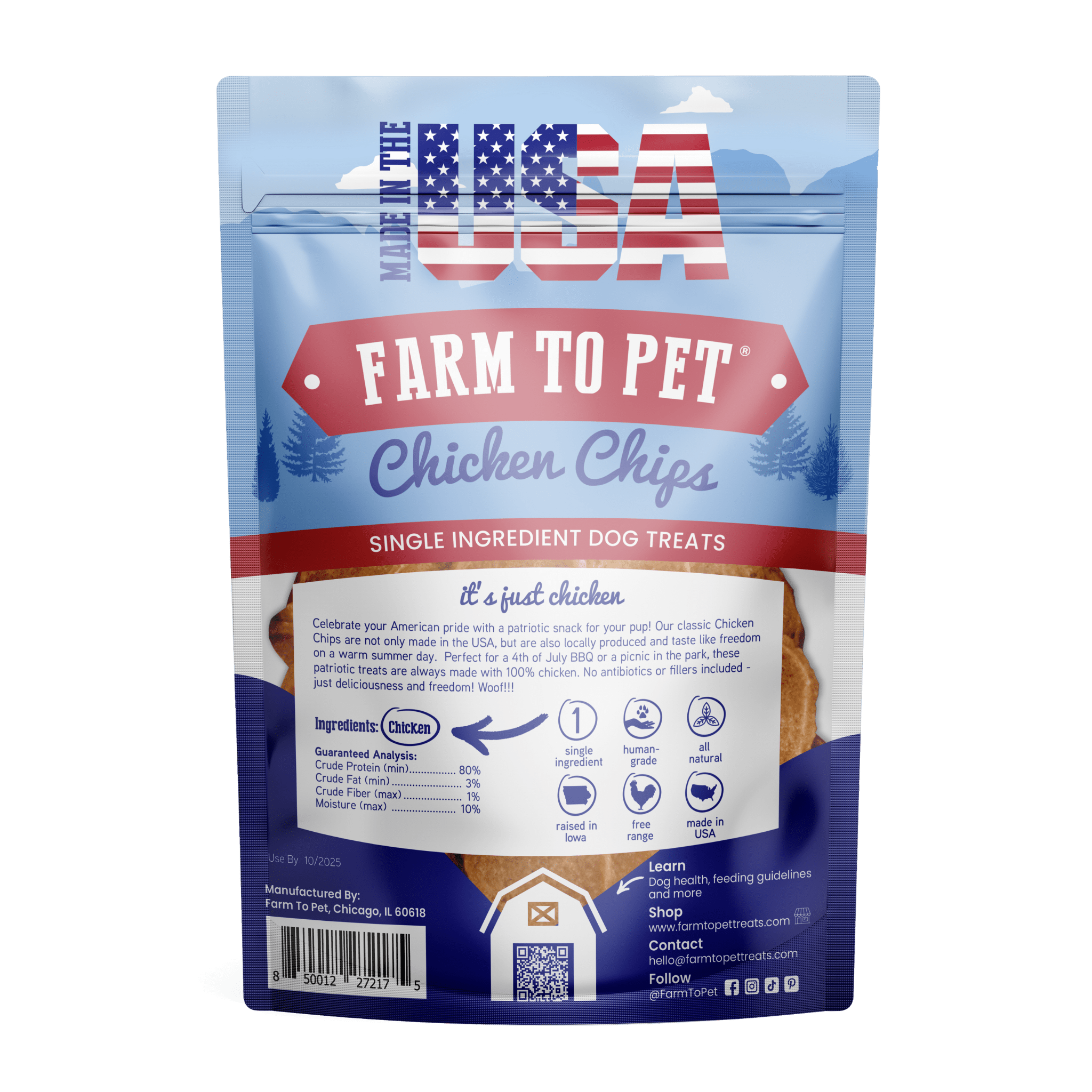 Back of Farmto-pettreats Americana Chicken Chip bag with red, white, and blue and ingredient list of only chicken. 