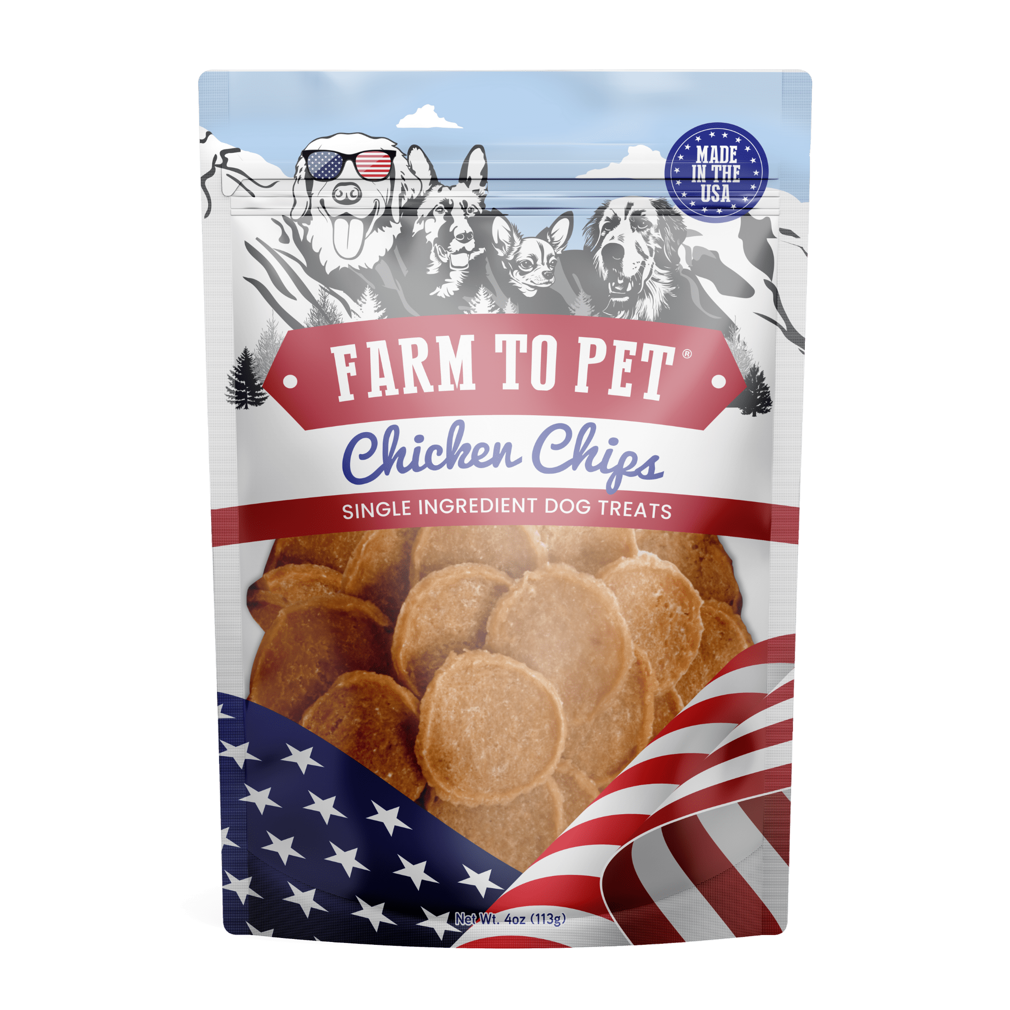 Farmto-pettreats Americana Chicken Chip Bag with red, white, and blue and four dog heads on Mount Rushmore. 