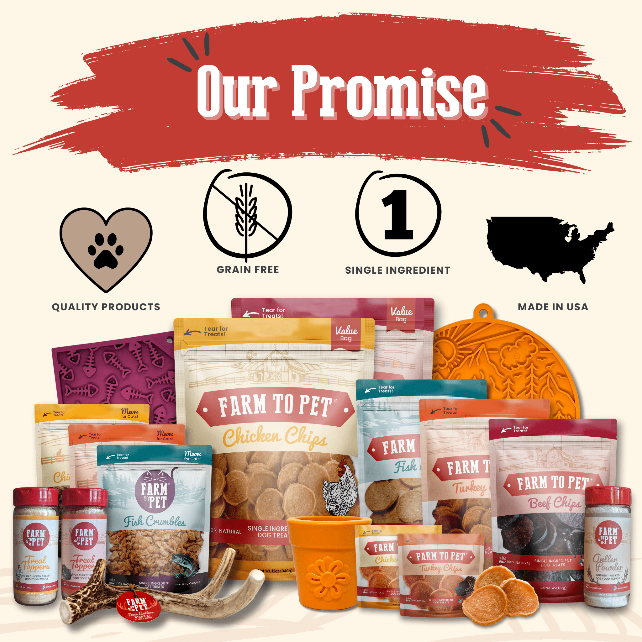 Collection of pet food products and accessories from Farmto-pettreats branding and promotional text about product attributes.