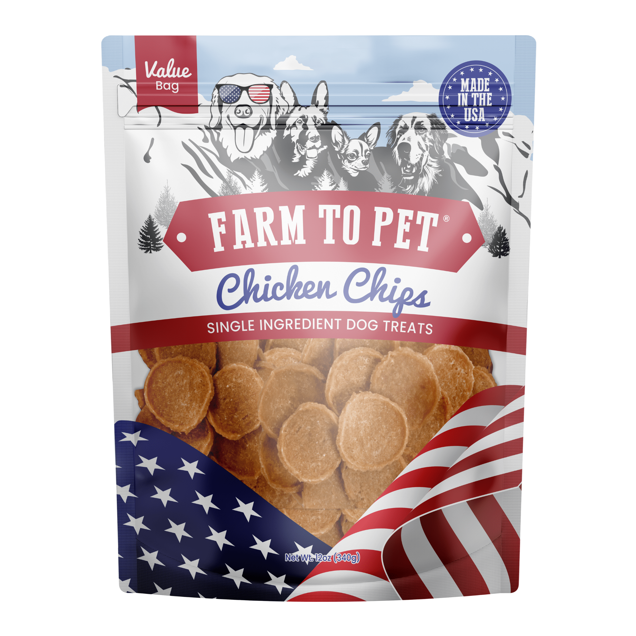 Bag of Farmto-pettreats Americana Chicken Chips for Dogs. 
