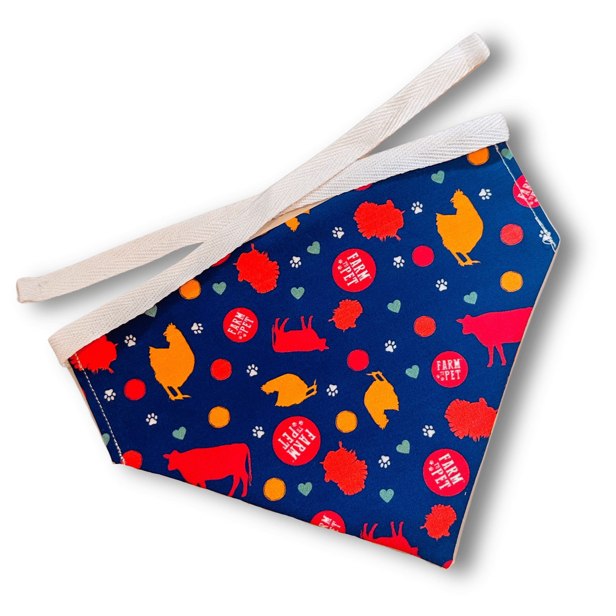 Product picture Farmto-pettreats Bandana with blue background pictures of red cows and yellow chickens on a white back ground. 