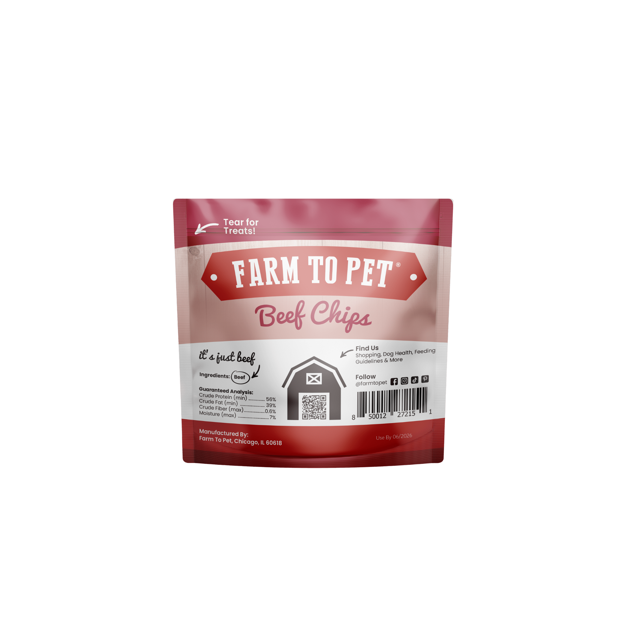 Back of Bag Farmto-pettreats Beef Chips Snack Pack single ingredient Beef.
