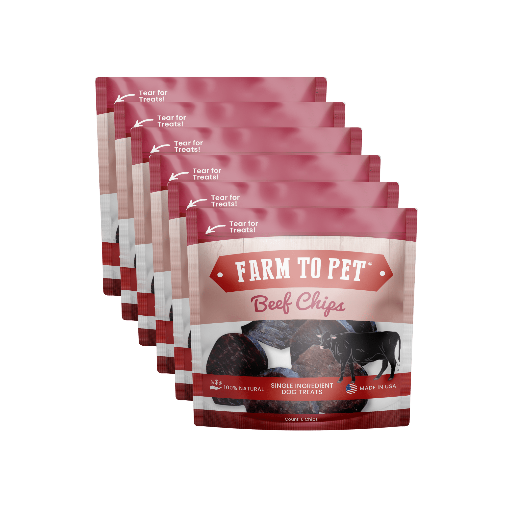 Infographic photo of 6 bags of Farmto-pettreats Beef Chips Snack Pack.
