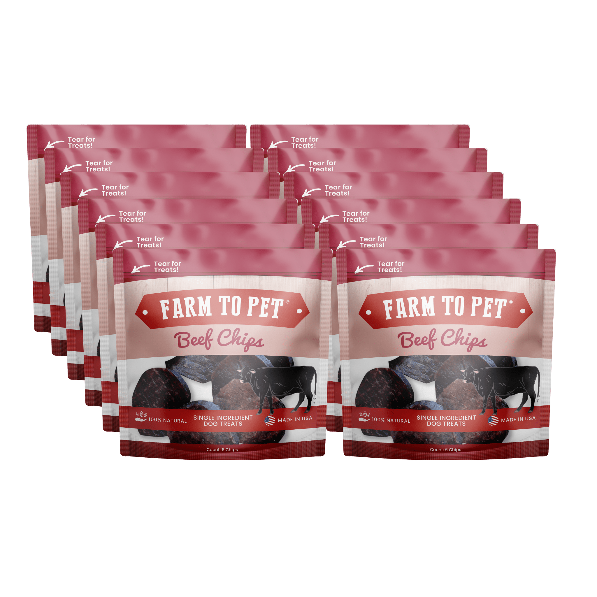 Infographic of 12 bags of Farmto-pettreats Beef Chips Snack packs.