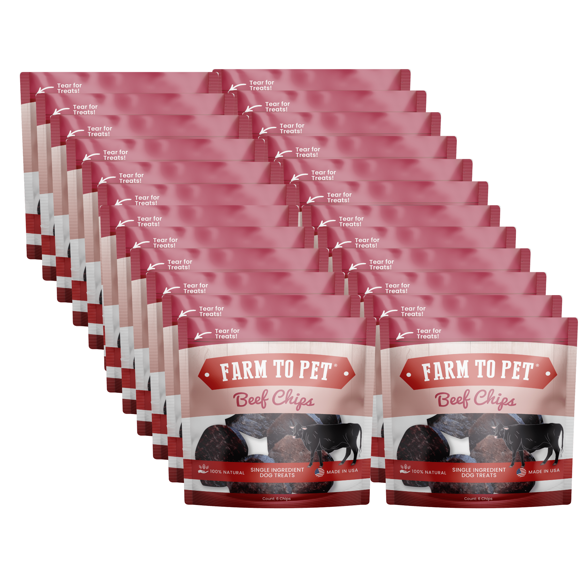 Infographic  of 24 Farmto-pettreats Beef Chips Snack Pack bags.
