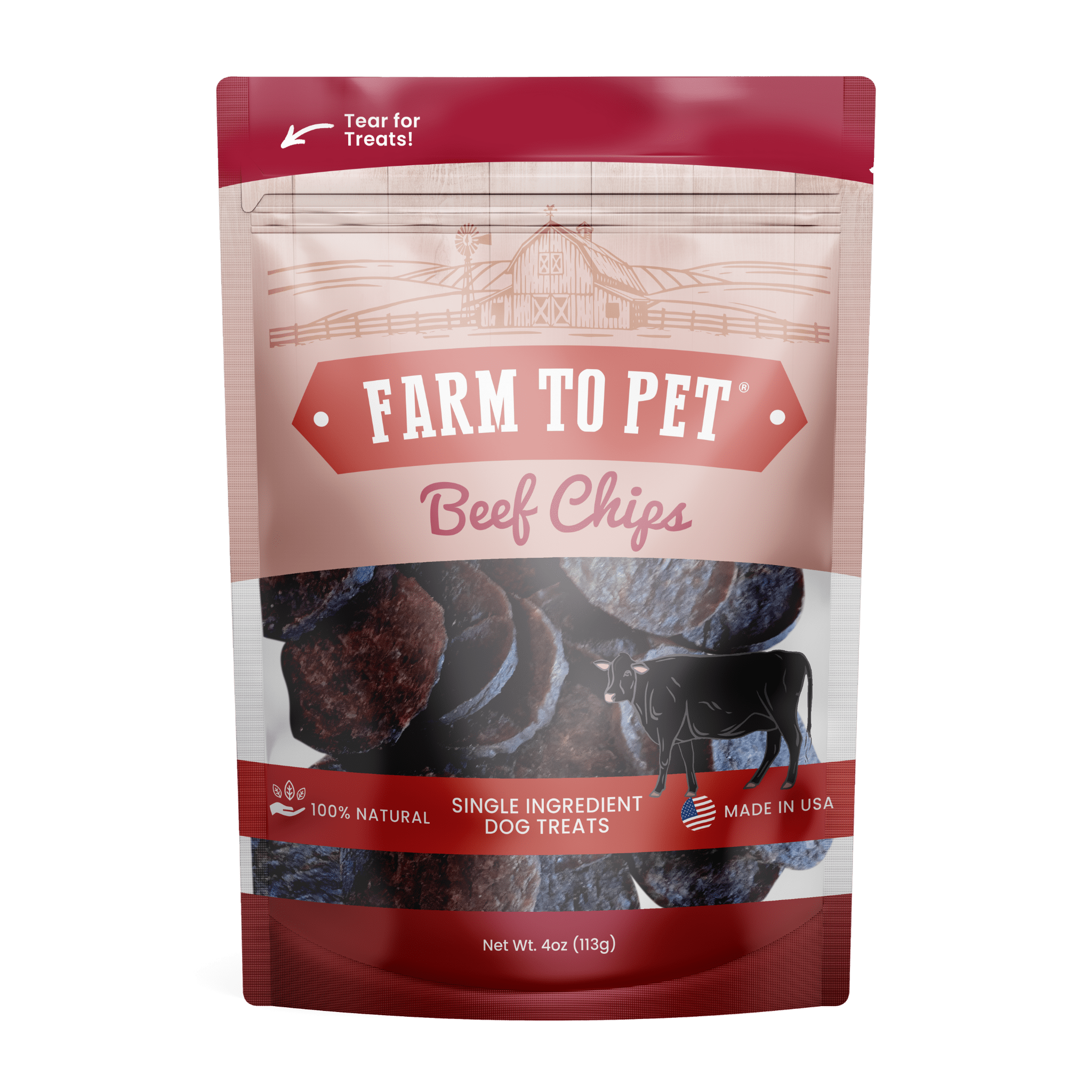 Front of bag Farmto-pettreats Beef Chips with black cow on bag. Made in the USA