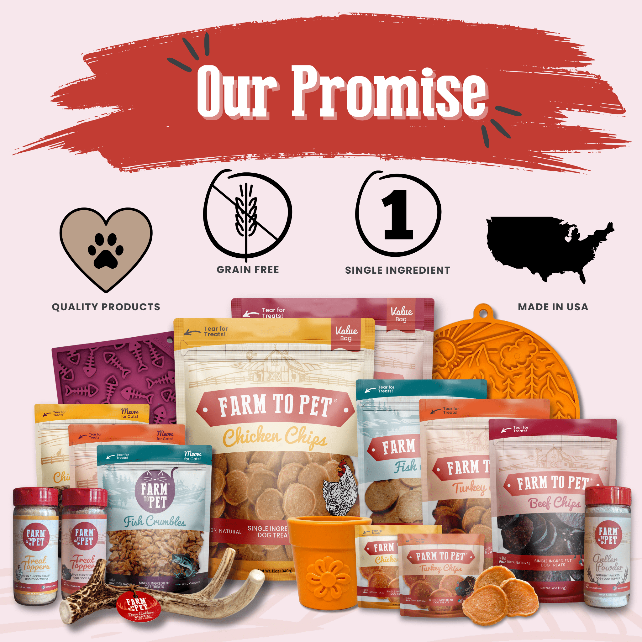 Farmto-pettreats collection of pet food products and accessories with branding elements and icons on a light background.