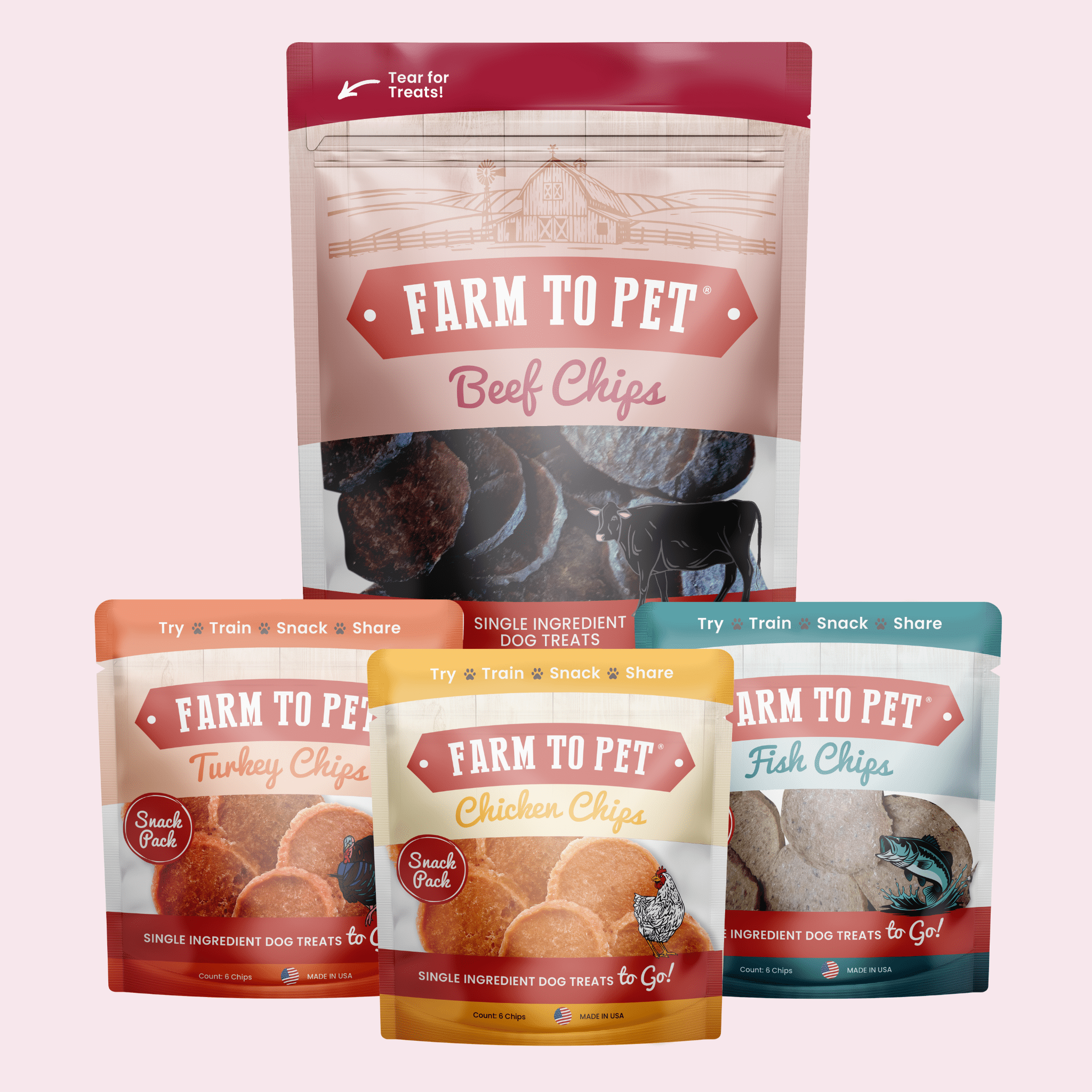 A collection of Farmto-pettreats dog treat packages on a light pink background.