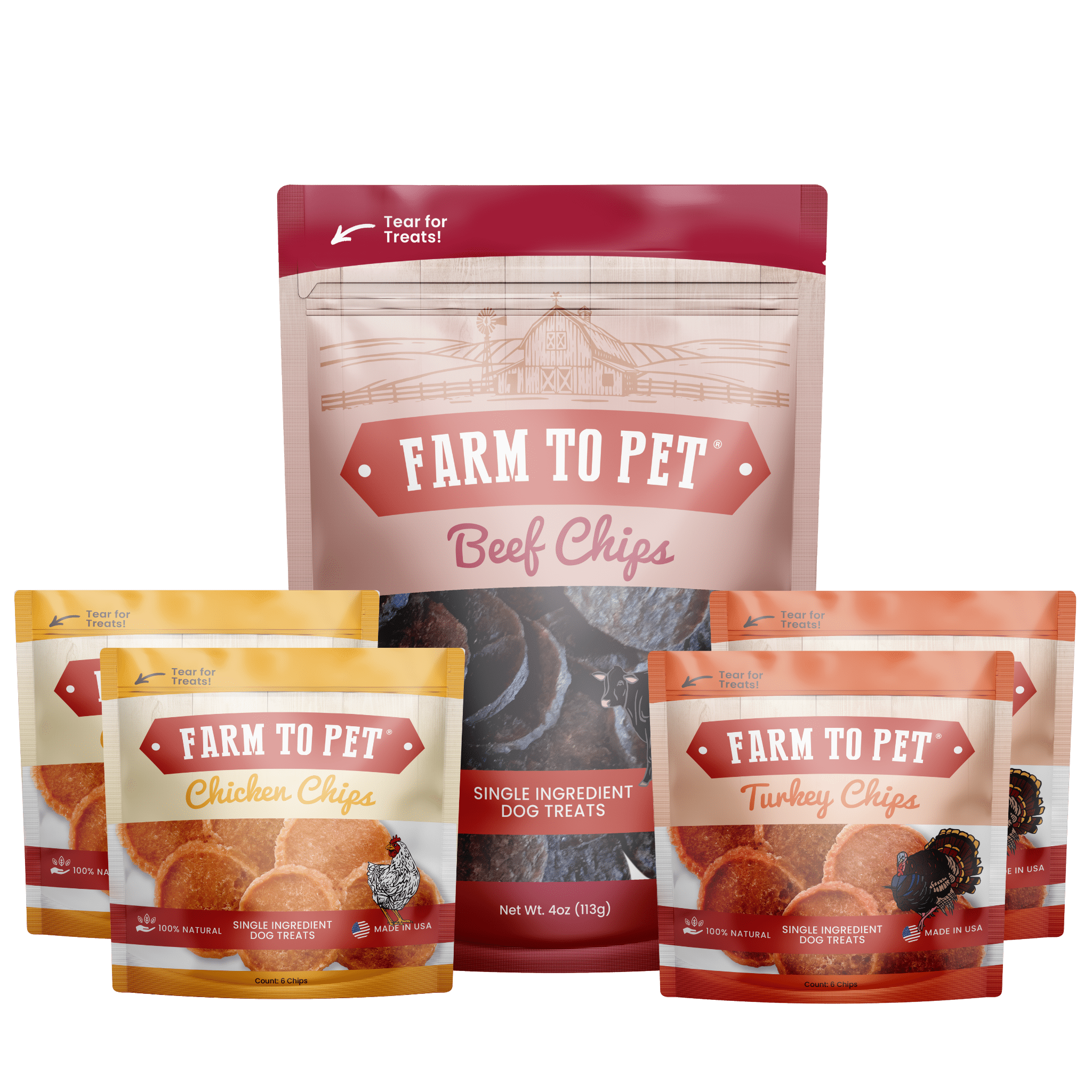 Product picture the front of bags Farmto-pettreats 4 oz. Beef, 2 Turkey and 2 Chicken Treat Puppy Pack on a white background.
