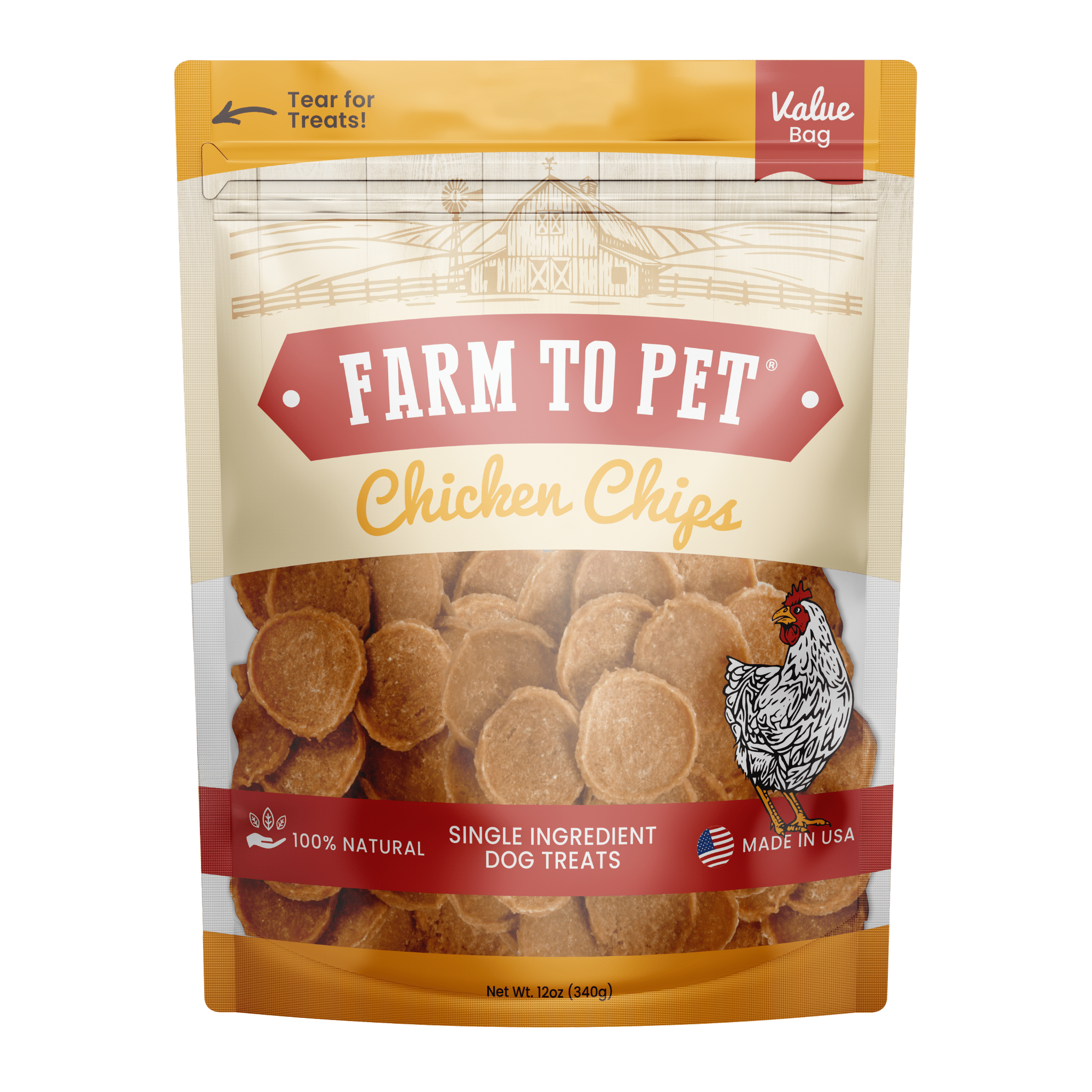 Product Picture of Farmto-pettreats Chicken Chips front design 12oz  Bag in white background.