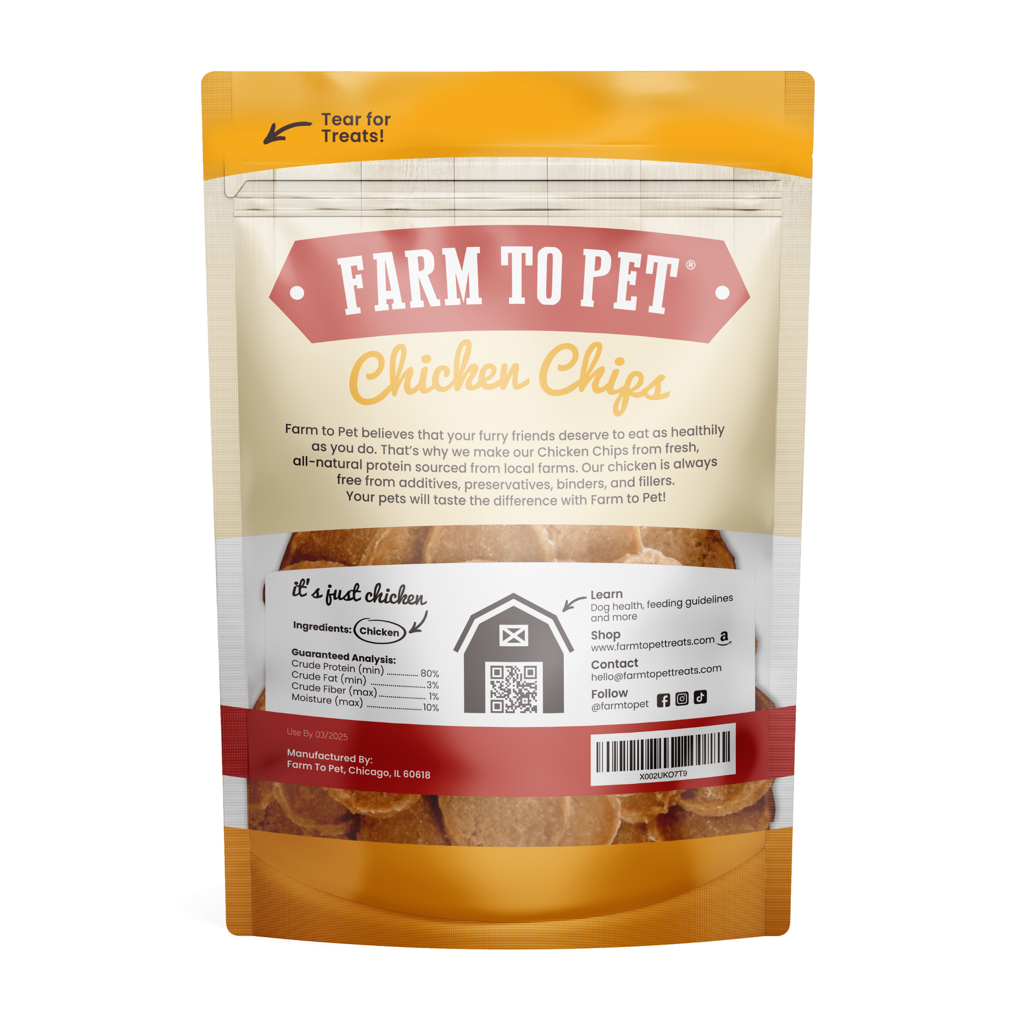 Product Picture of Farmto-pettreats Chicken Chips back design in white background.