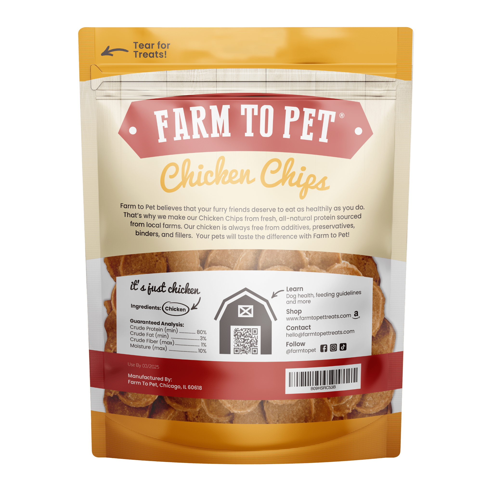 Product Picture of Farmto-pettreats Chicken Chips back design 12oz Bag  in white background.