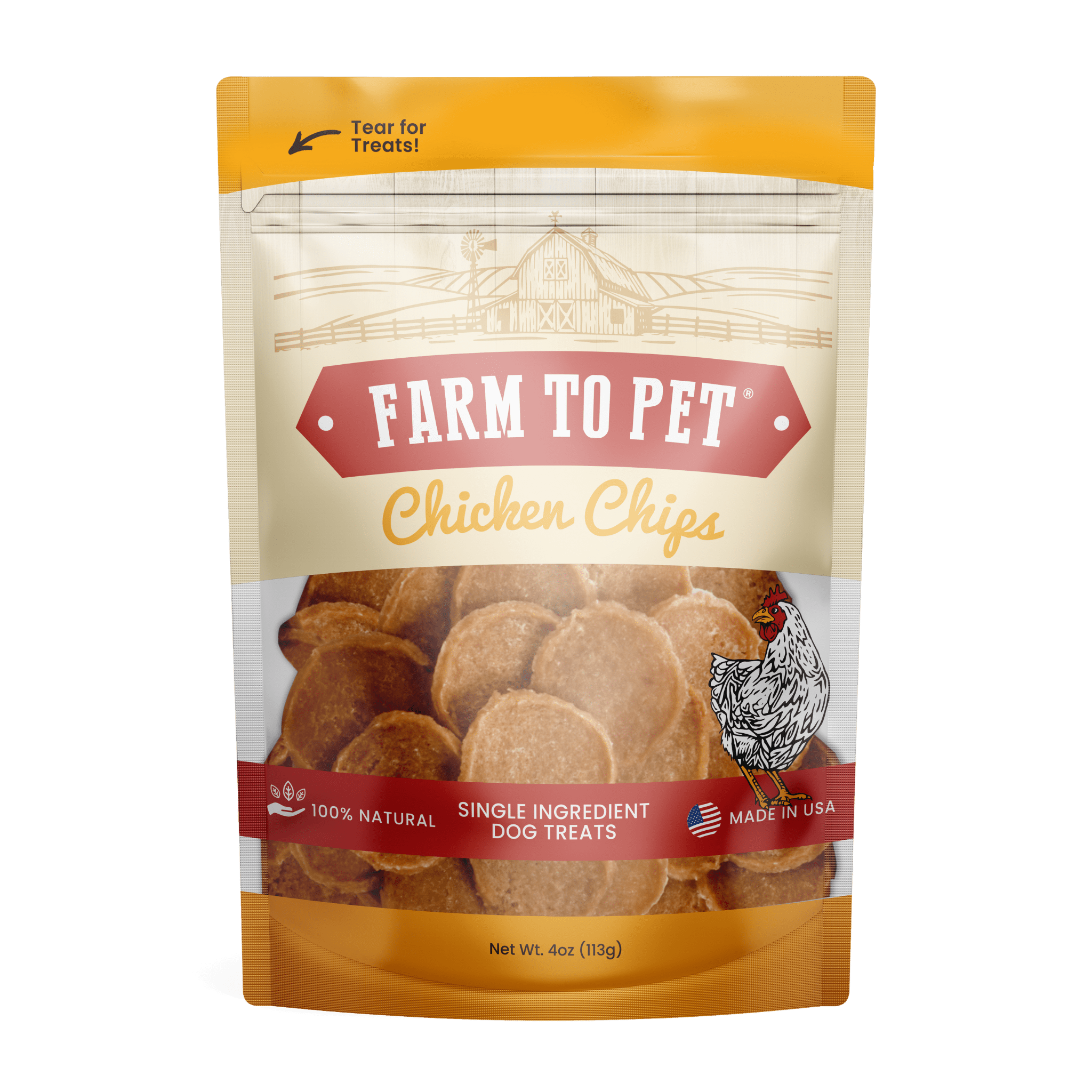 Product Picture of Farmto-pettreats Chicken Chips front design in white background.