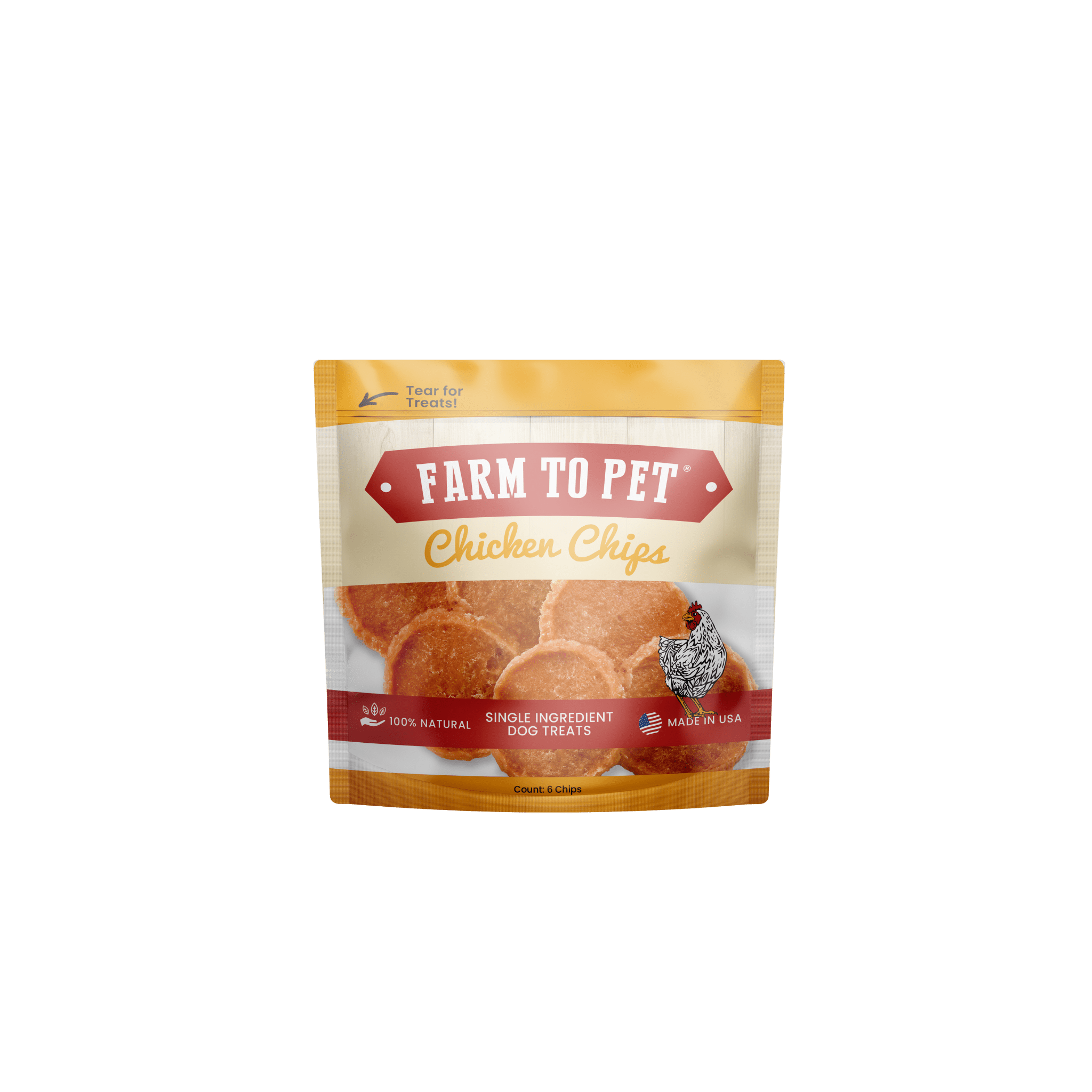 Product Picture of Farmto-pettreats Chicken Chips snack pack front design in white background.