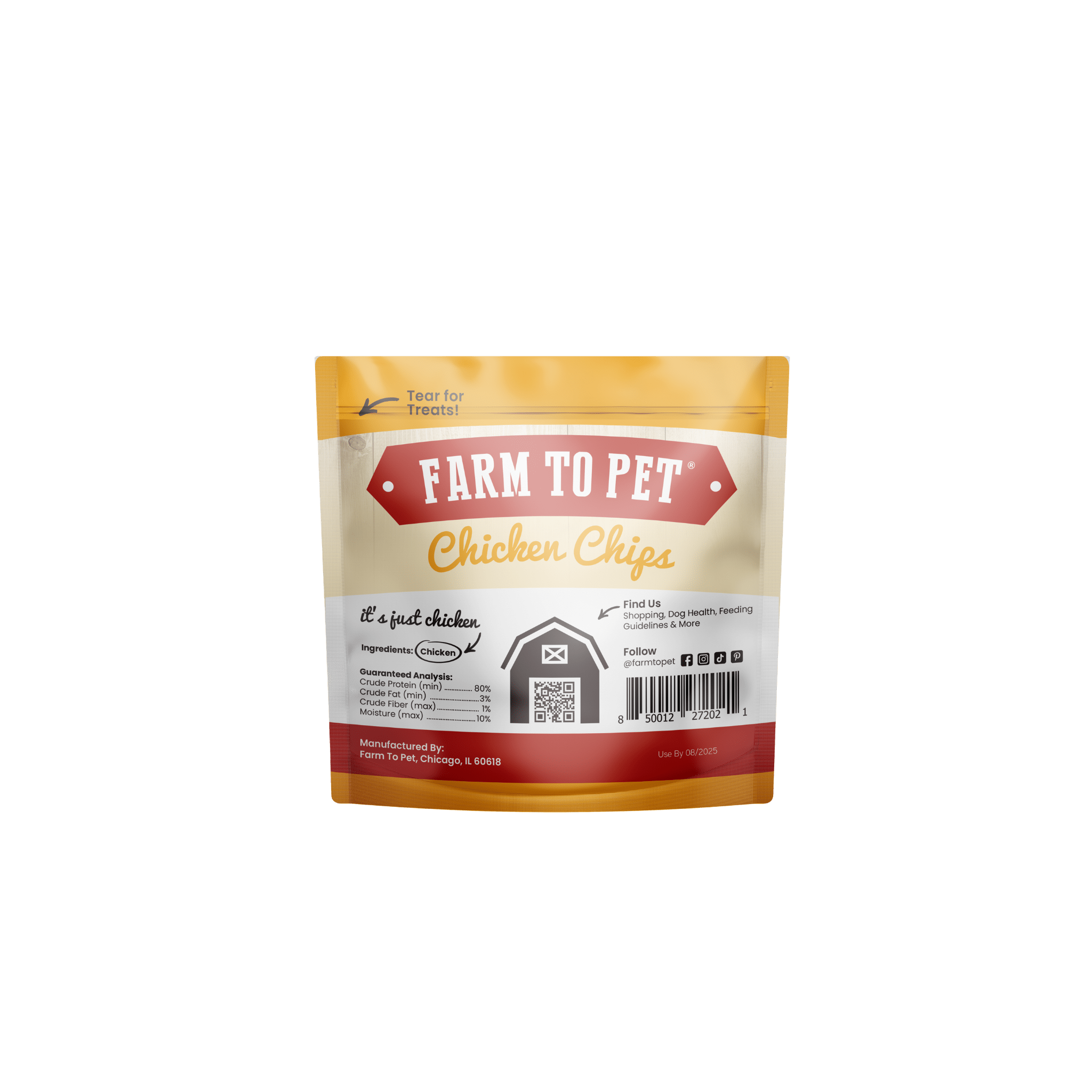 Product Picture of Farmto-pettreats Chicken Chips snack pack back design in white background.